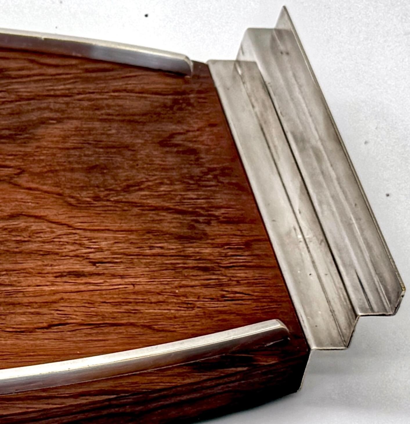 French Modern Silver-Plated and Mahogany Serving Tray For Sale 2
