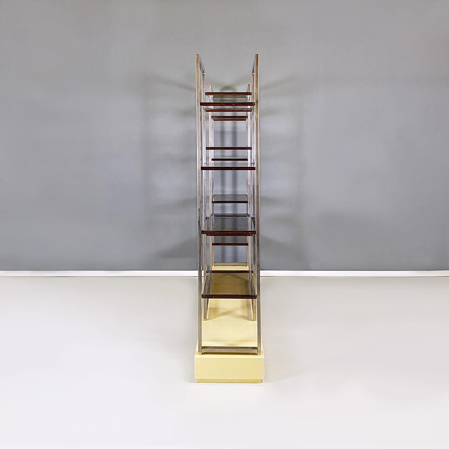 Late 20th Century French modern smoked glass metal lacquered wood bookcase by Alain Delon, 1980s For Sale