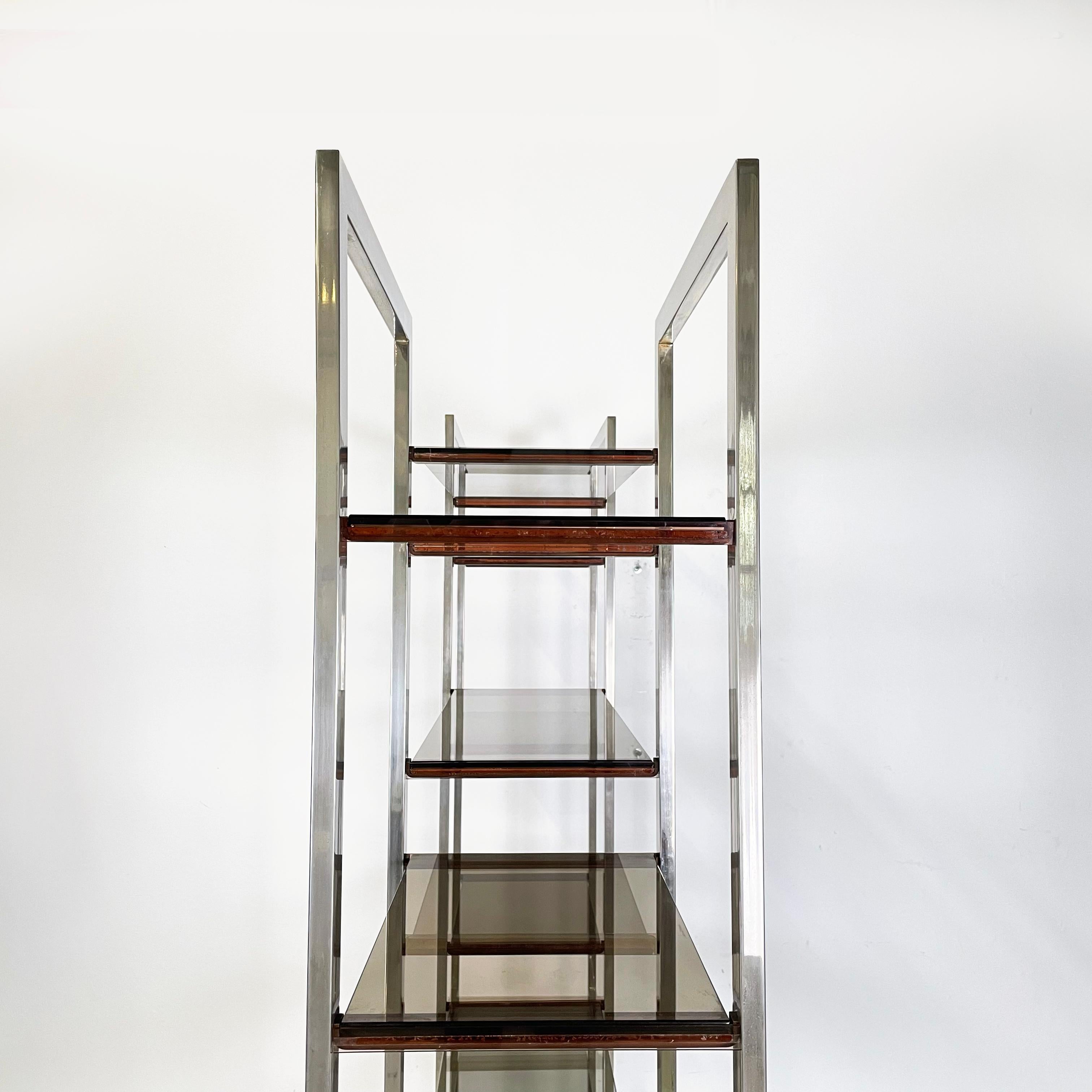 French modern smoked glass metal lacquered wood Bookcase by Alain Delon, 1980s 1