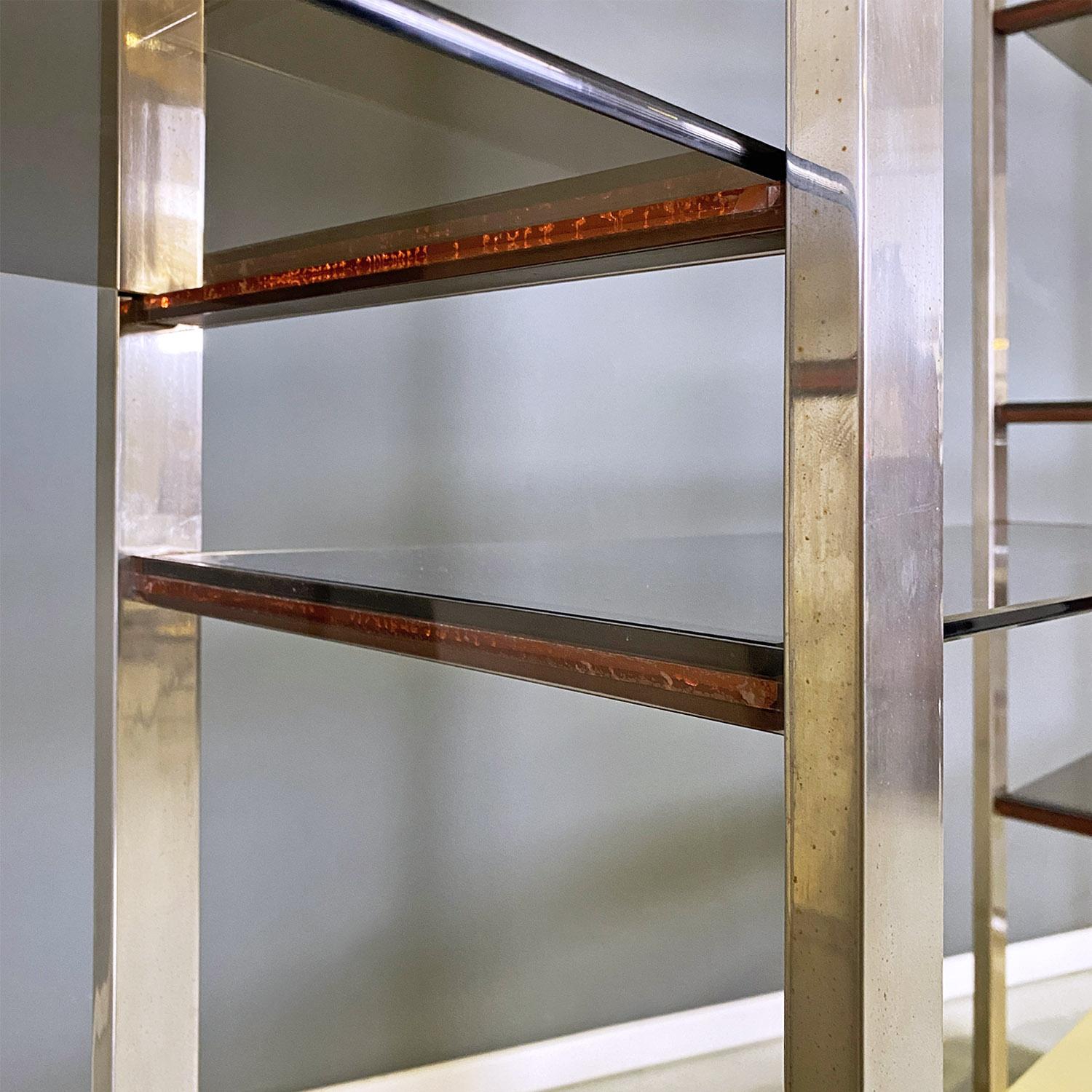 Metal French modern smoked glass metal lacquered wood bookcase by Alain Delon, 1980s For Sale