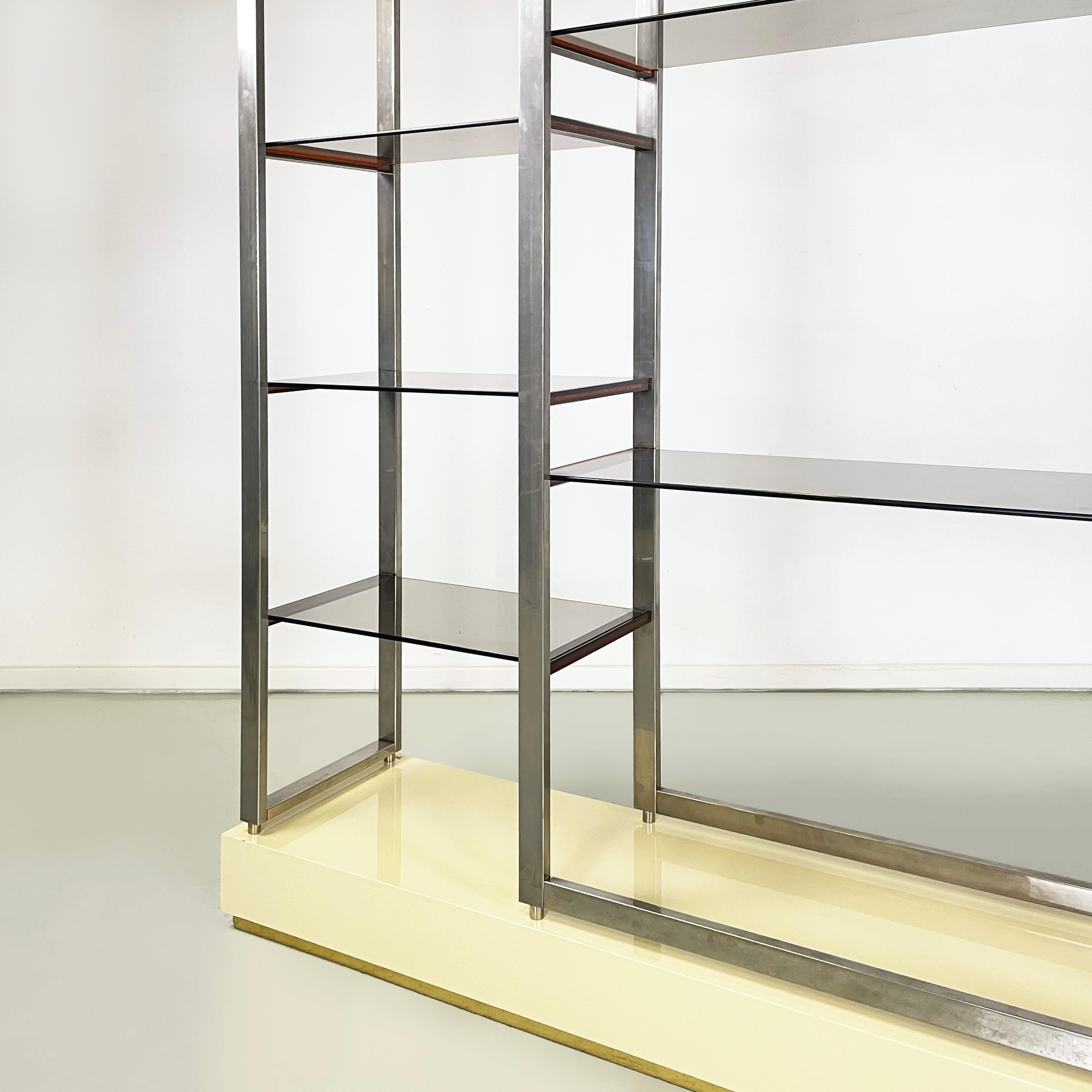 French modern smoked glass metal lacquered wood Bookcase by Alain Delon, 1980s 2