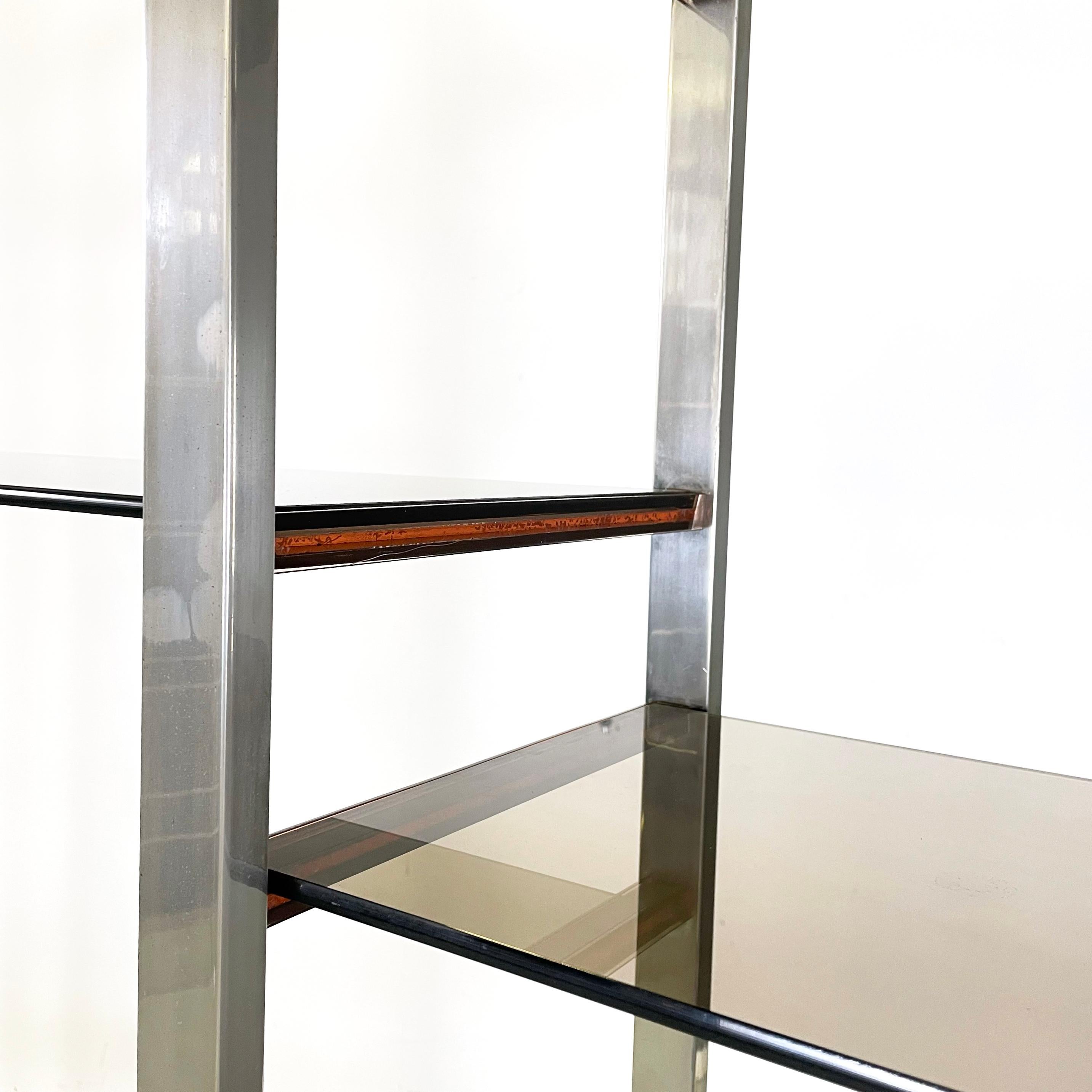 French modern smoked glass metal lacquered wood Bookcase by Alain Delon, 1980s 3