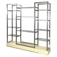 French modern smoked glass metal lacquered wood Bookcase by Alain Delon, 1980s