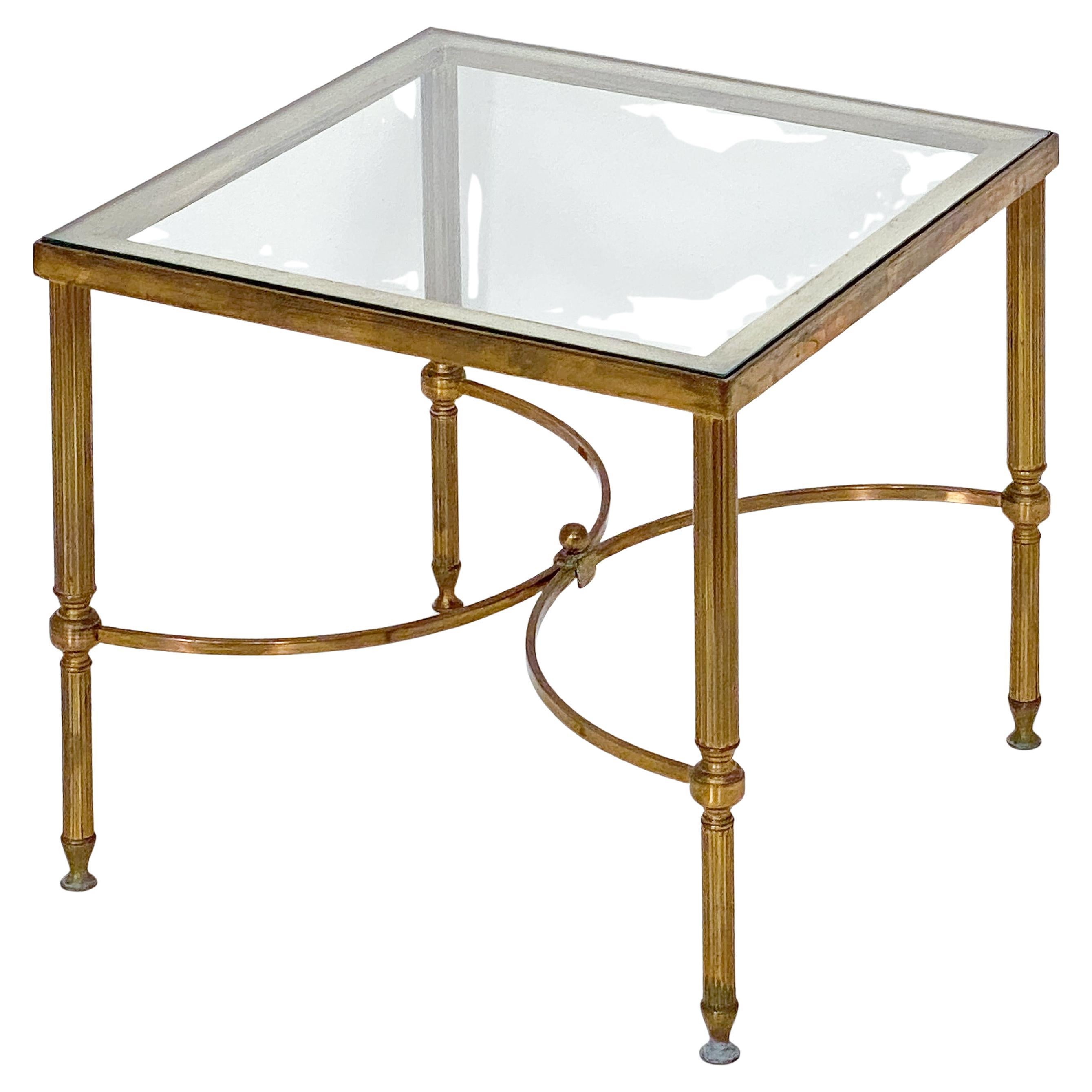 Table basse de cocktail ou de café carrée en laiton avec plateau en verre
