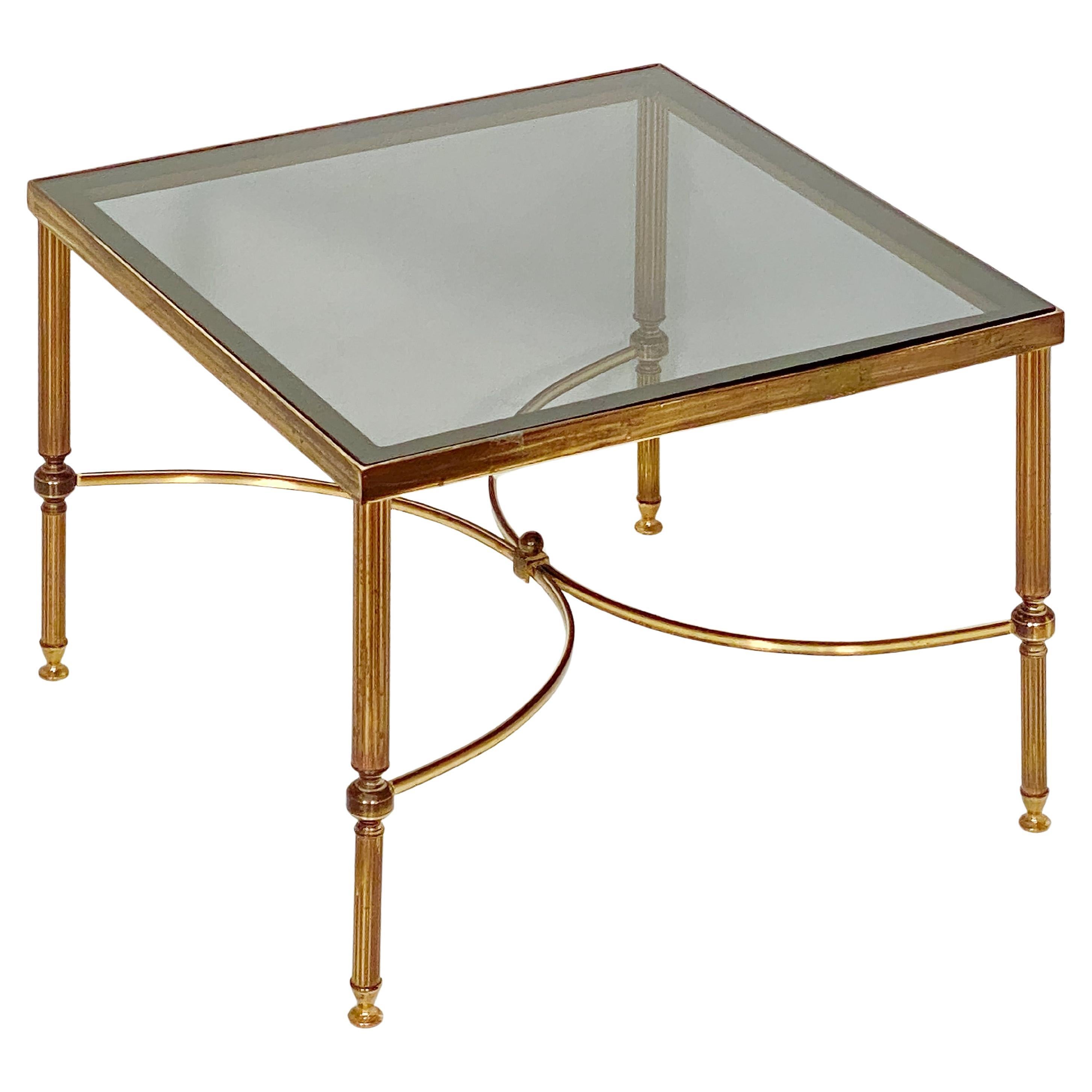French Modern Square Cocktail or Coffee Low Table of Brass with Smoked Glass Top