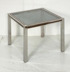 French Modern Square Low Side Table of Chrome and Brass with Smoked Glass Top