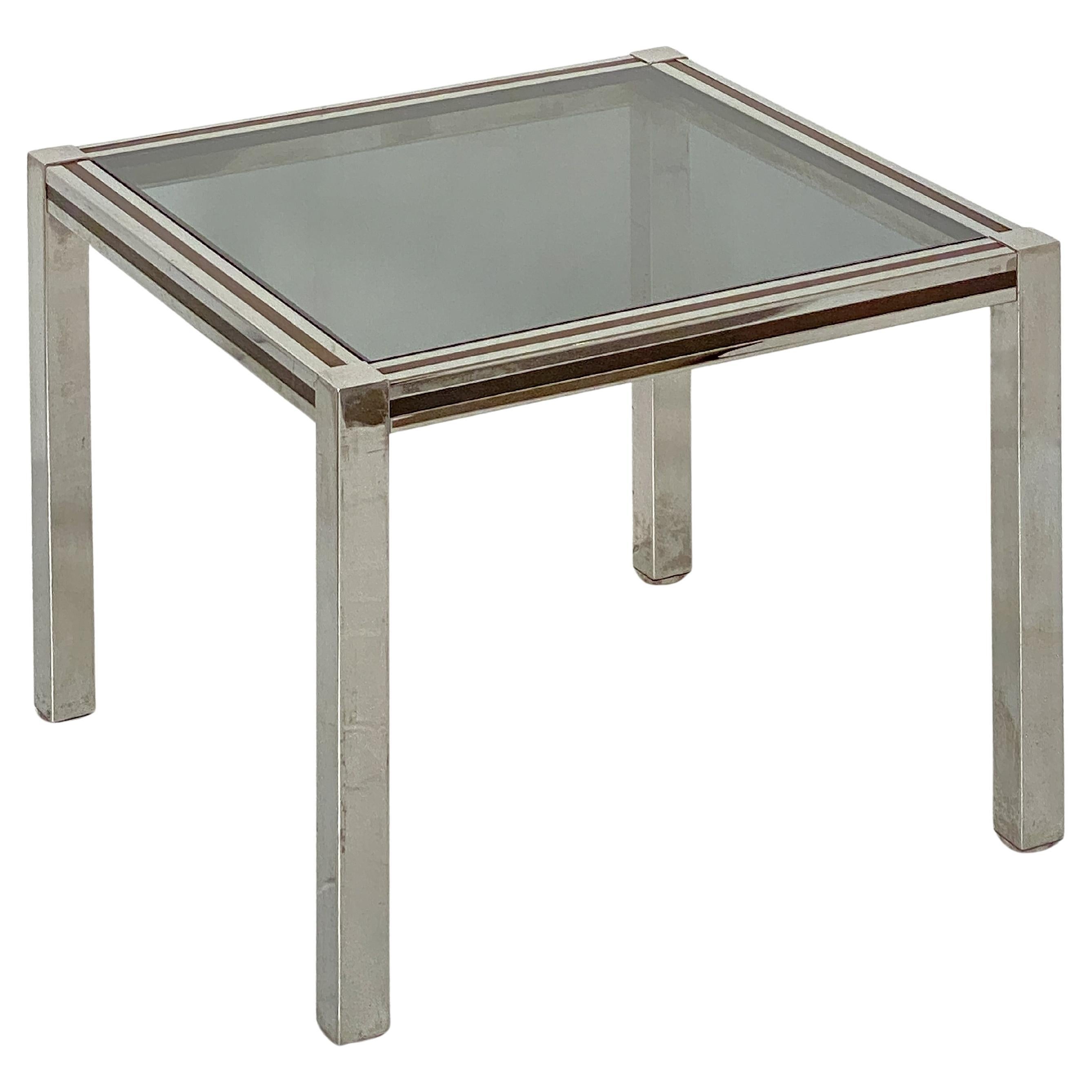 French Modern Square Low Side Table of Chrome and Brass with Smoked Glass Top en venta