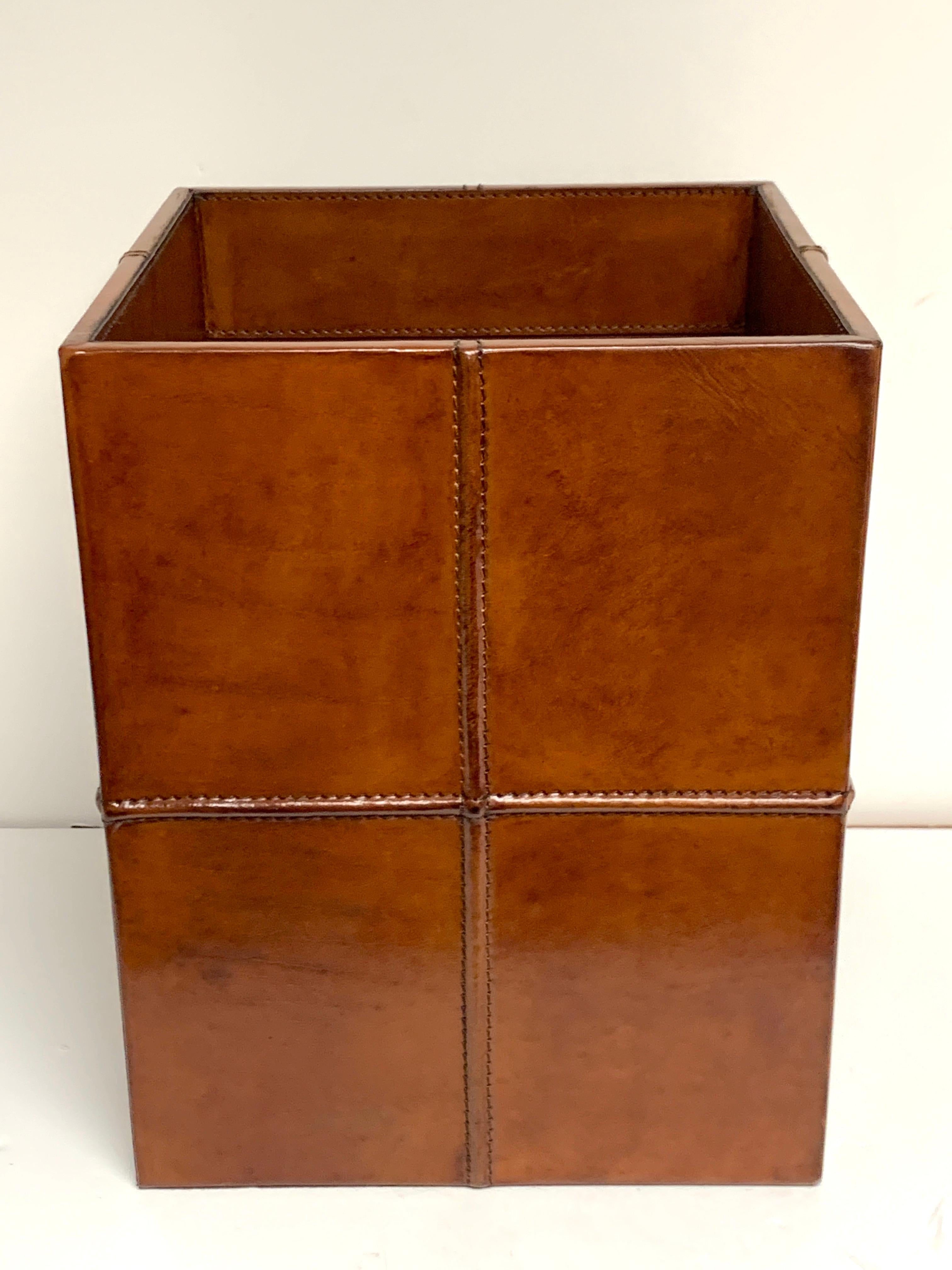 French modern stitched leather cube wastepaper basket, this is an original vintage model.