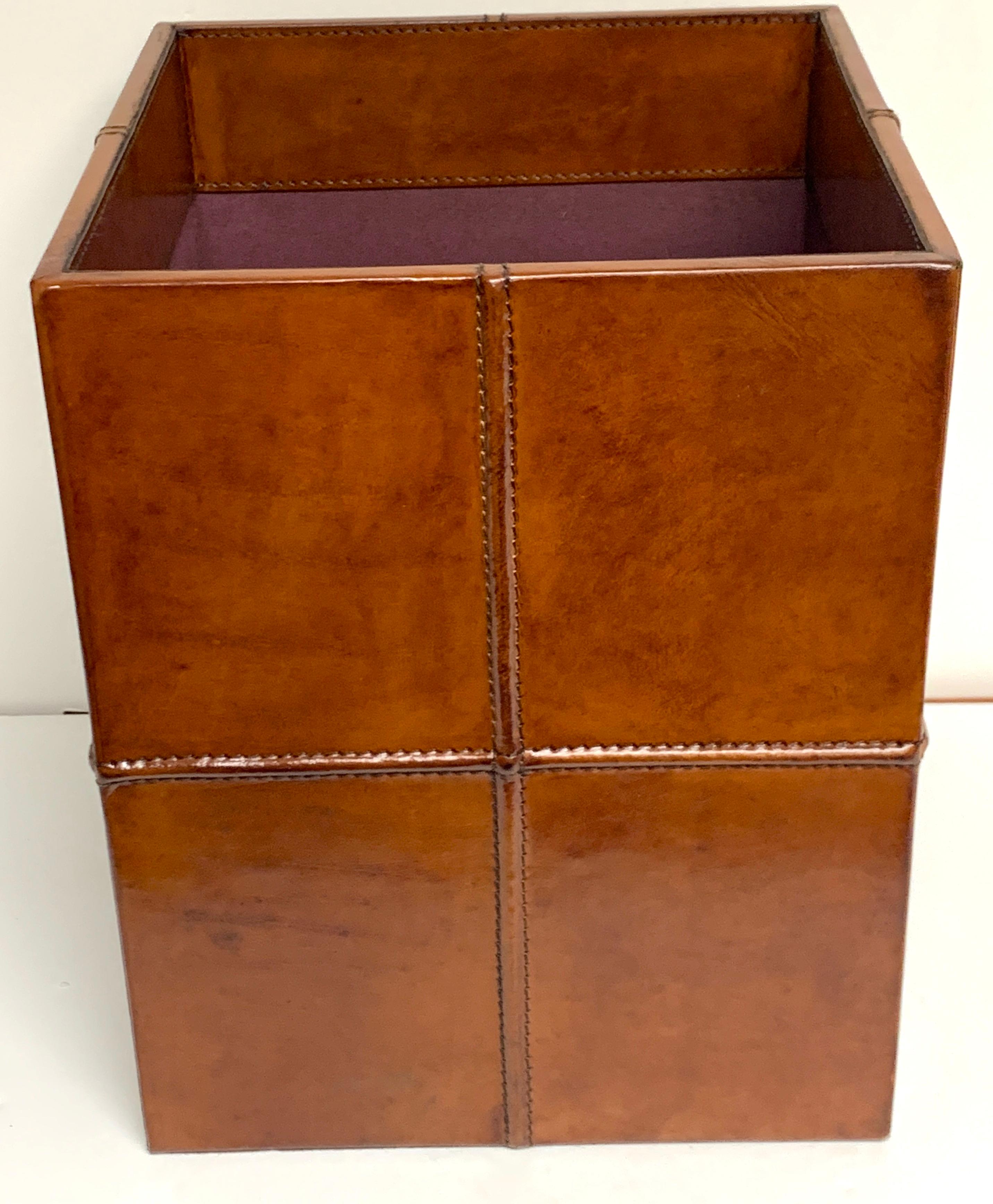 French Modern Stitched Leather Cube Wastepaper Basket In Good Condition In West Palm Beach, FL