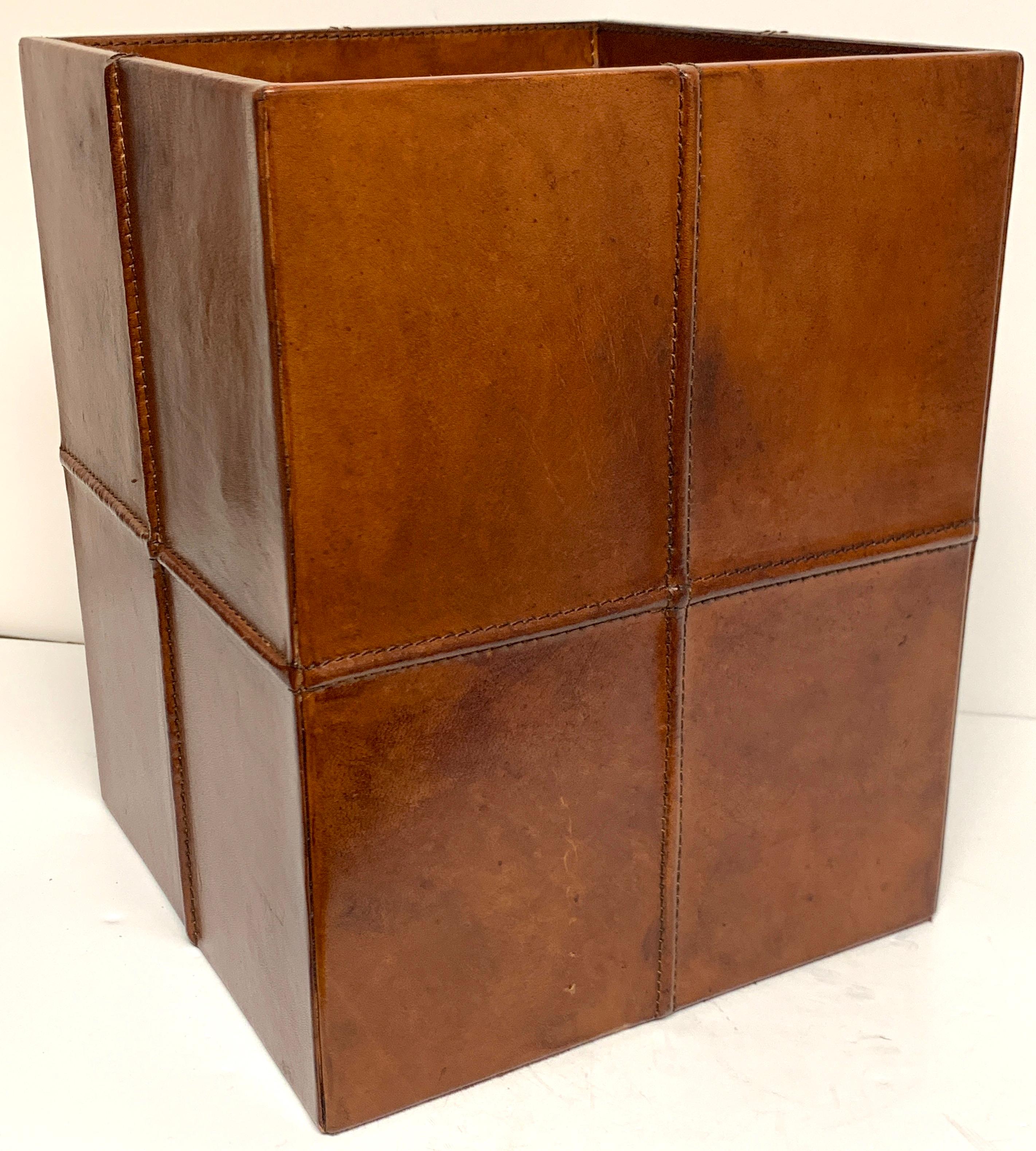 French Modern Stitched Leather Cube Wastepaper Basket 2