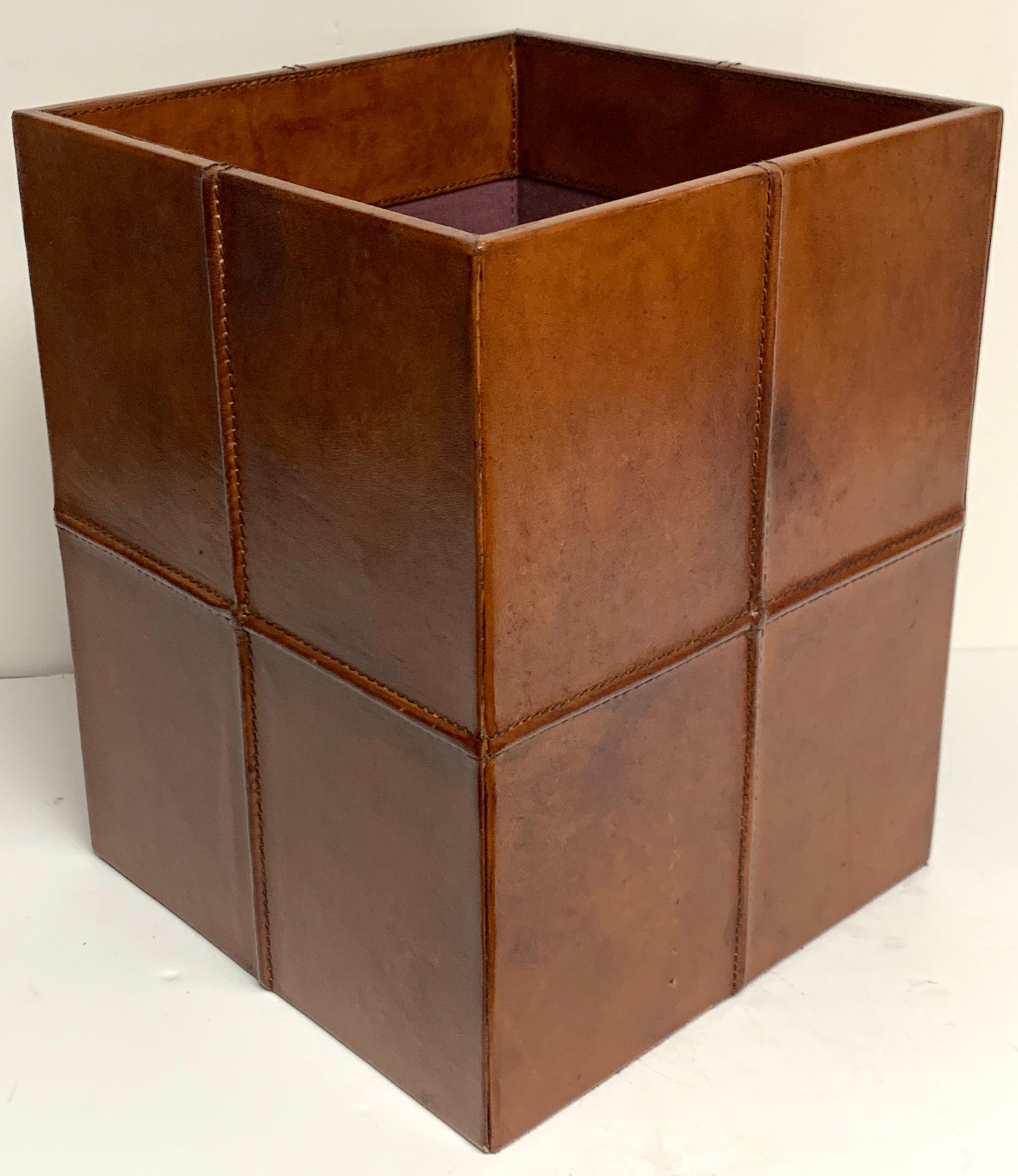 French Modern Stitched Leather Cube Wastepaper Basket 3