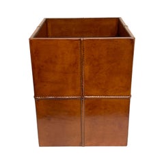 French Modern Stitched Leather Cube Wastepaper Basket