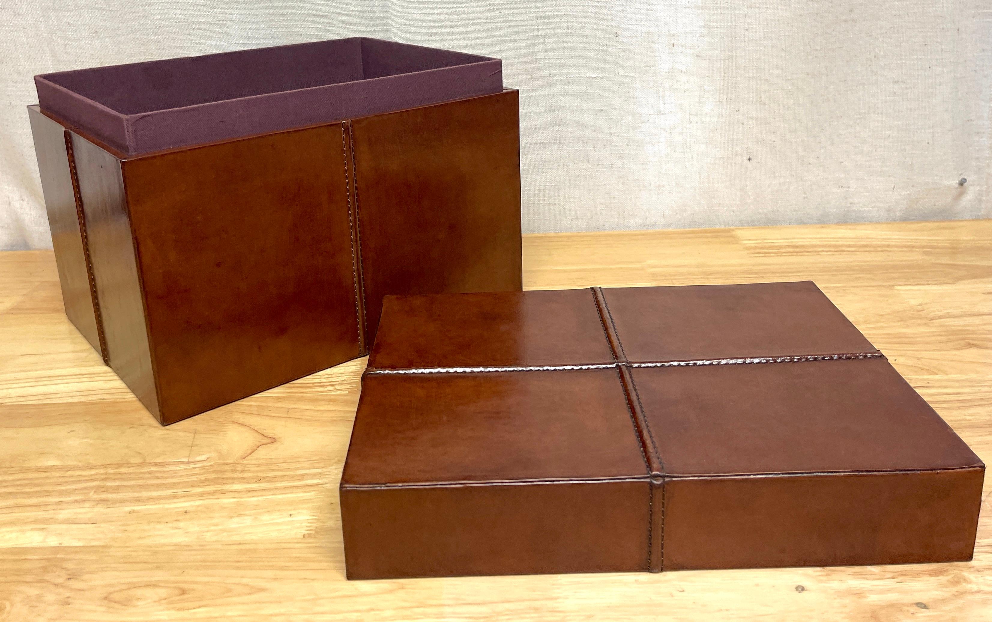 French Modern Stitched Leather Rectangular Table Box In Good Condition For Sale In West Palm Beach, FL