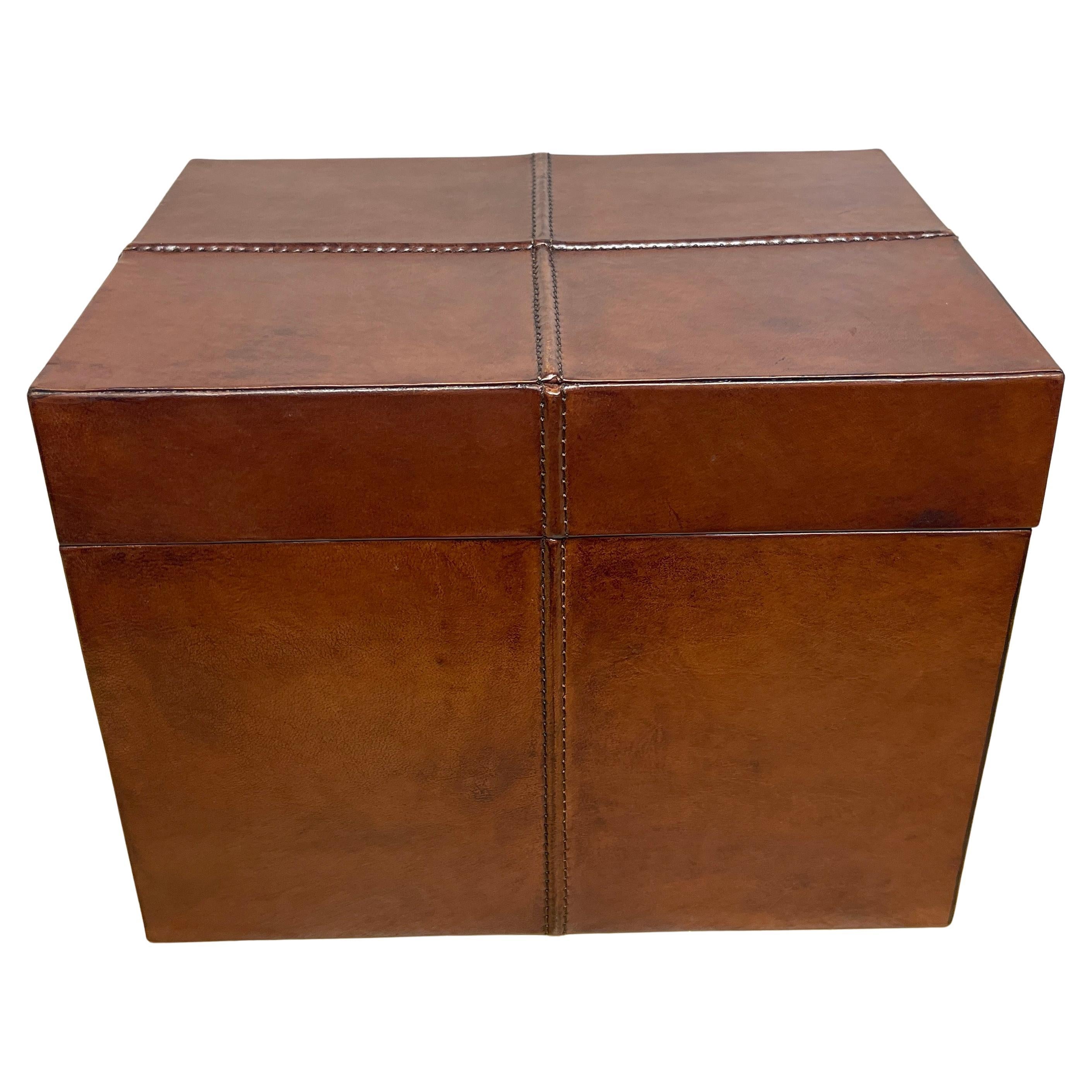 French Modern Stitched Leather Rectangular Table Box For Sale