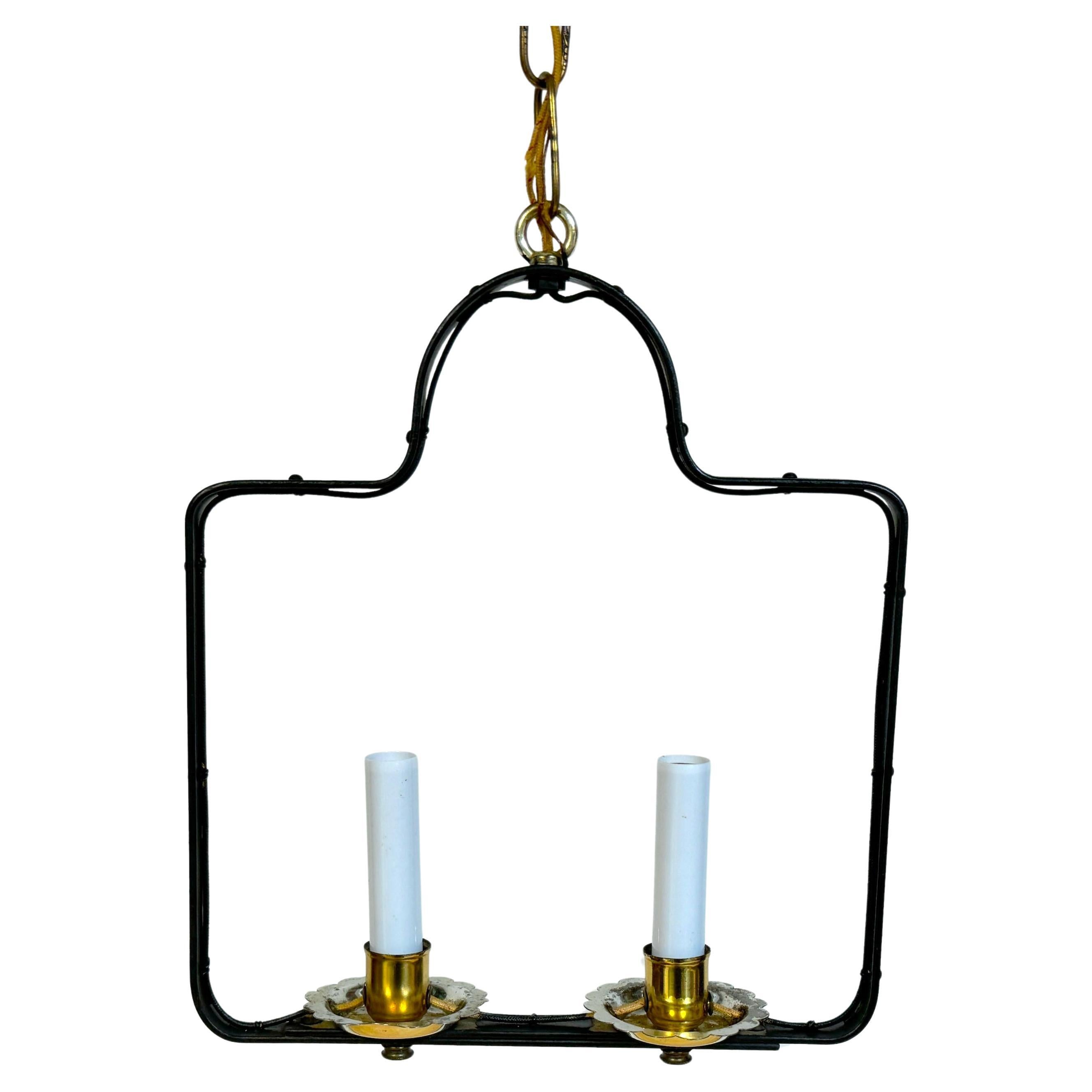 French Modern Stitched Wrought Iron 2 light Lantern, Style of Adnet