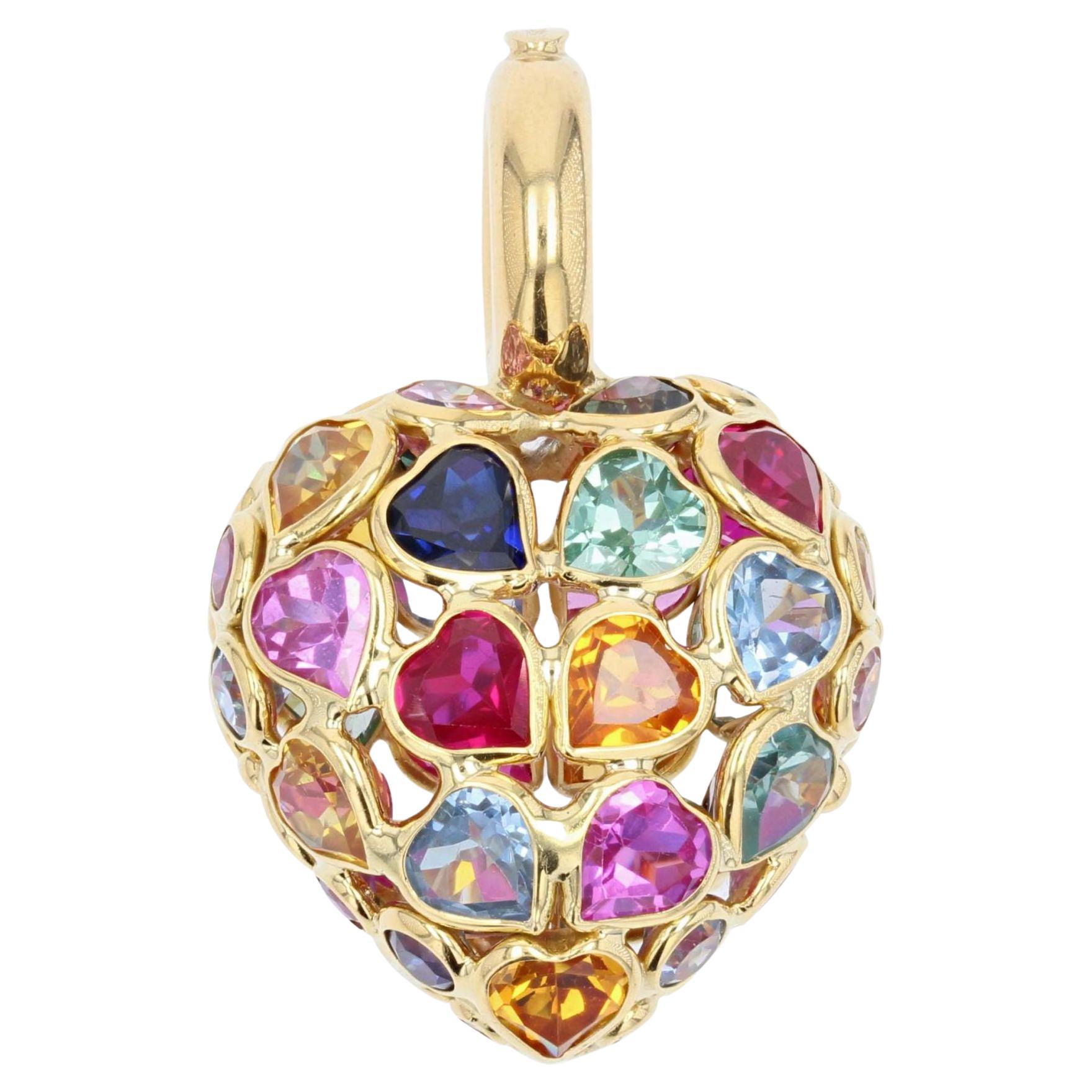 French Modern Stones 18 Karat Yellow Gold Heart Shape Pendant