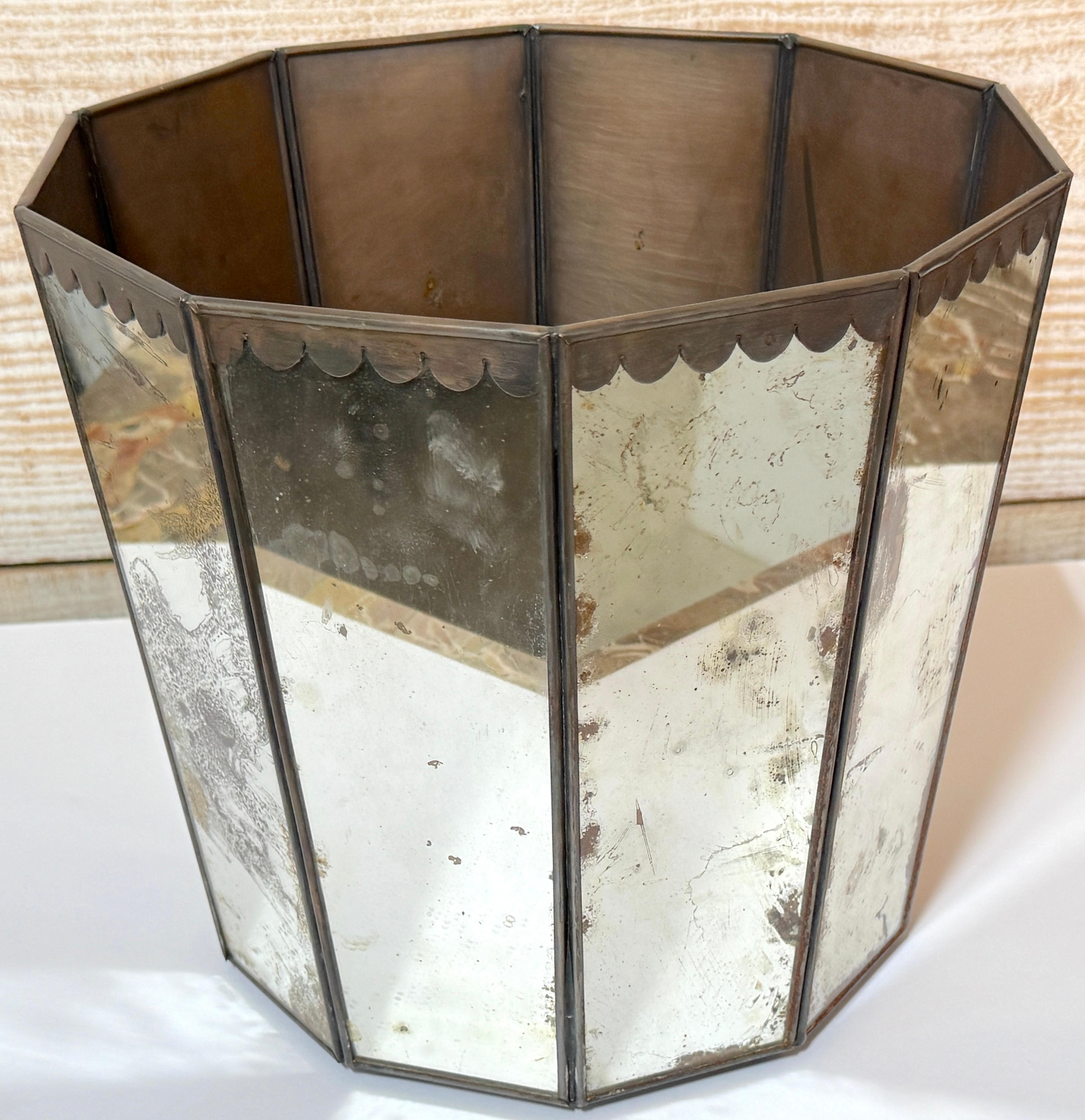 Metal French Modern Style Decagon Patinated Mirror & Tole Wastepaper /Trash Can