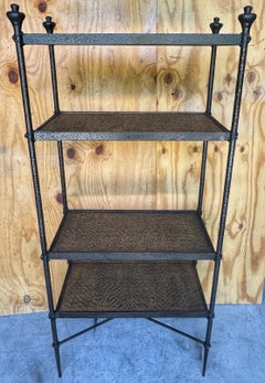 French Modern Style Forged Bronze and Woven Rattan Étagère, Sculptural Form