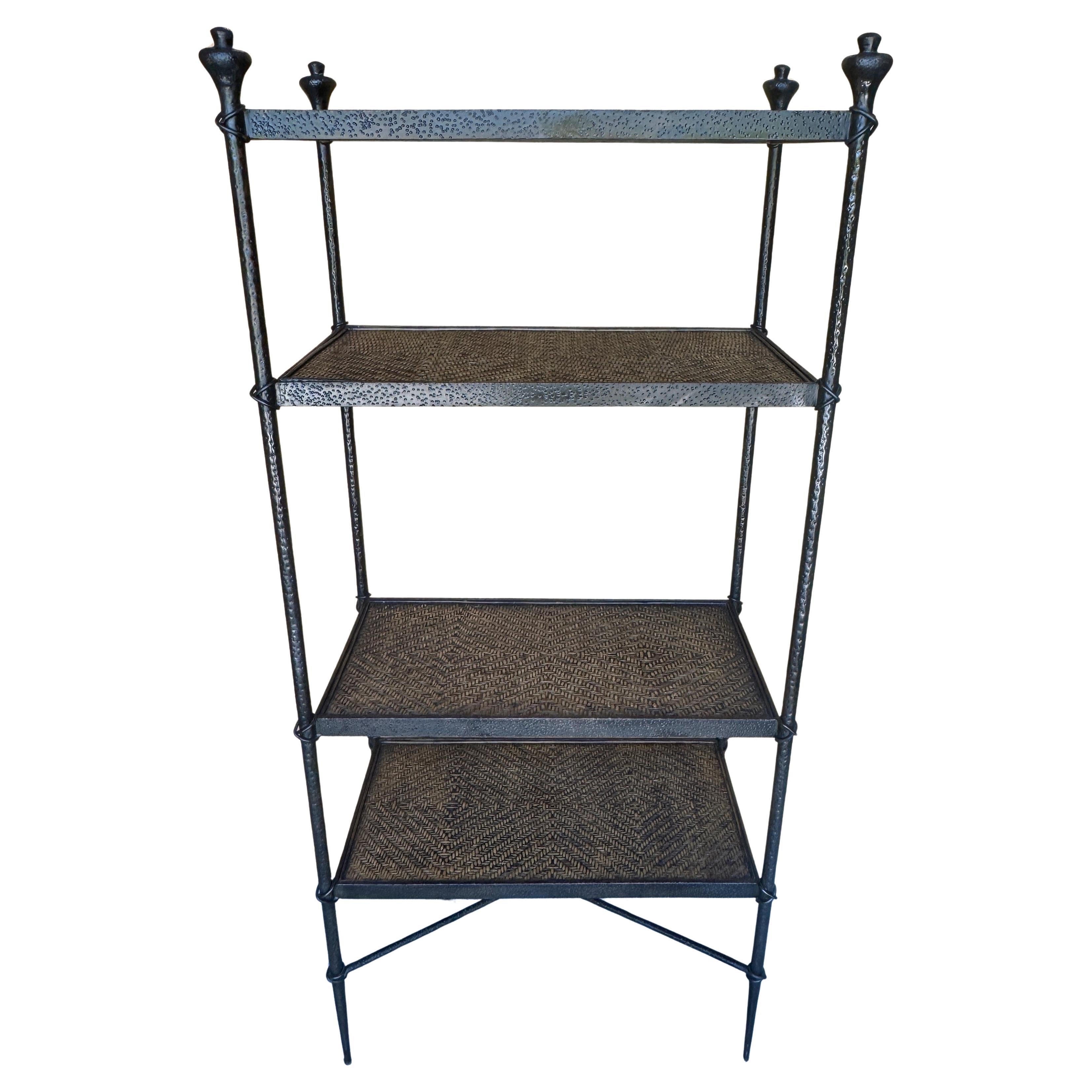 French Modern Style Forged Bronze and Woven Rattan Étagère, Sculptural Form