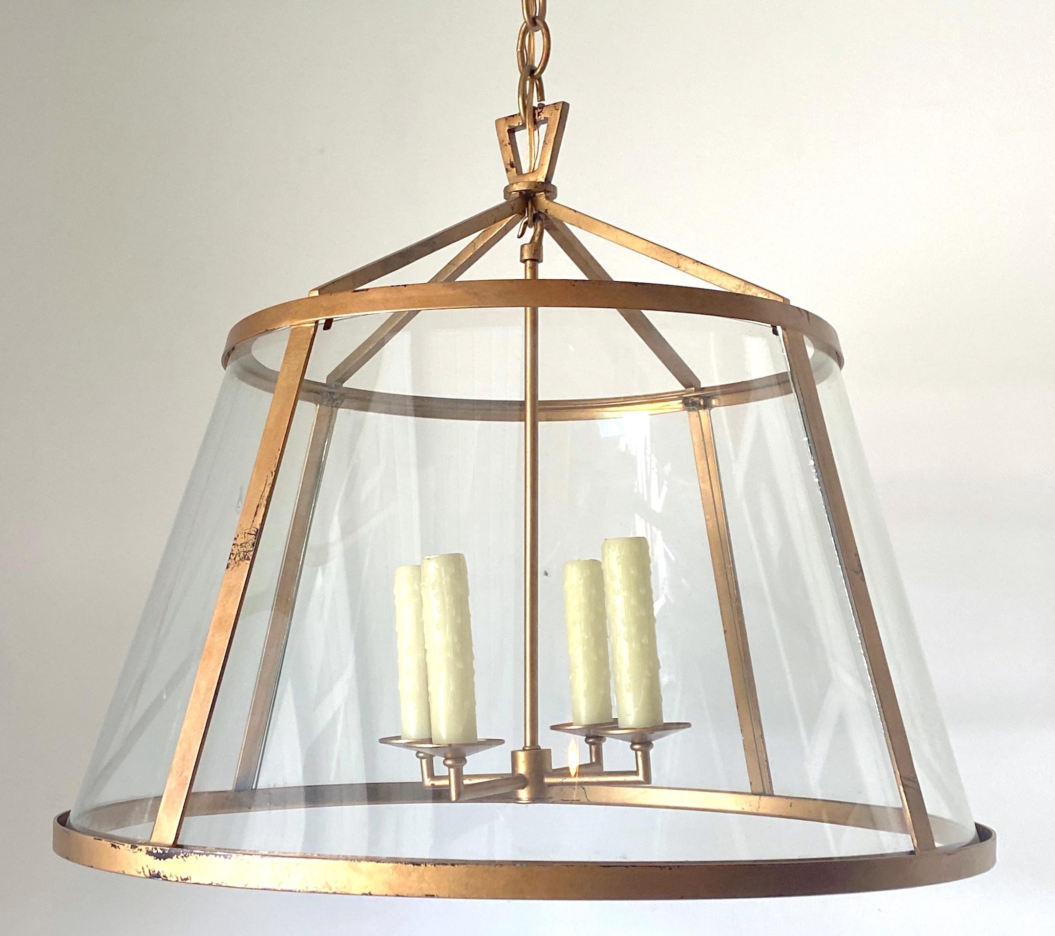 French Modern Style Gilt Metal & Curved Glass Paneled Pendant Style of Adnet In Good Condition For Sale In West Palm Beach, FL