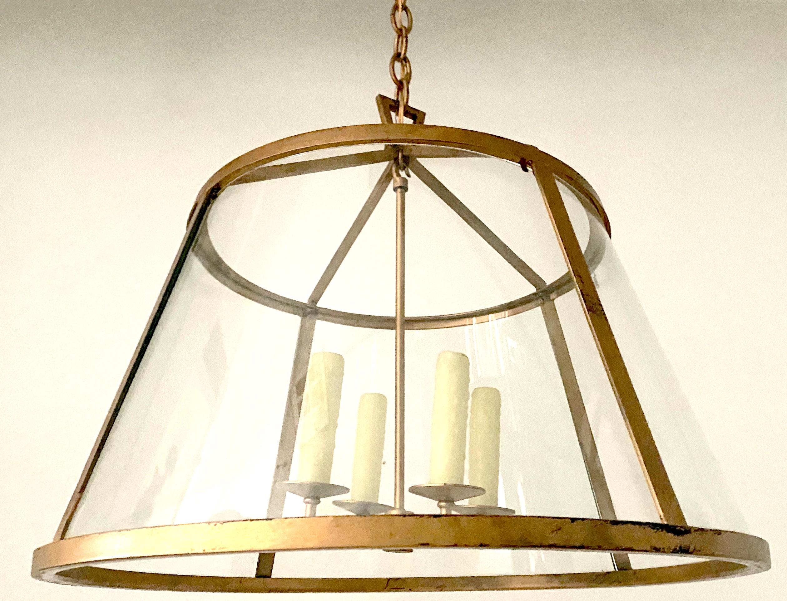 French Modern Style Gilt Metal & Curved Glass Paneled Pendant Style of Adnet For Sale 1