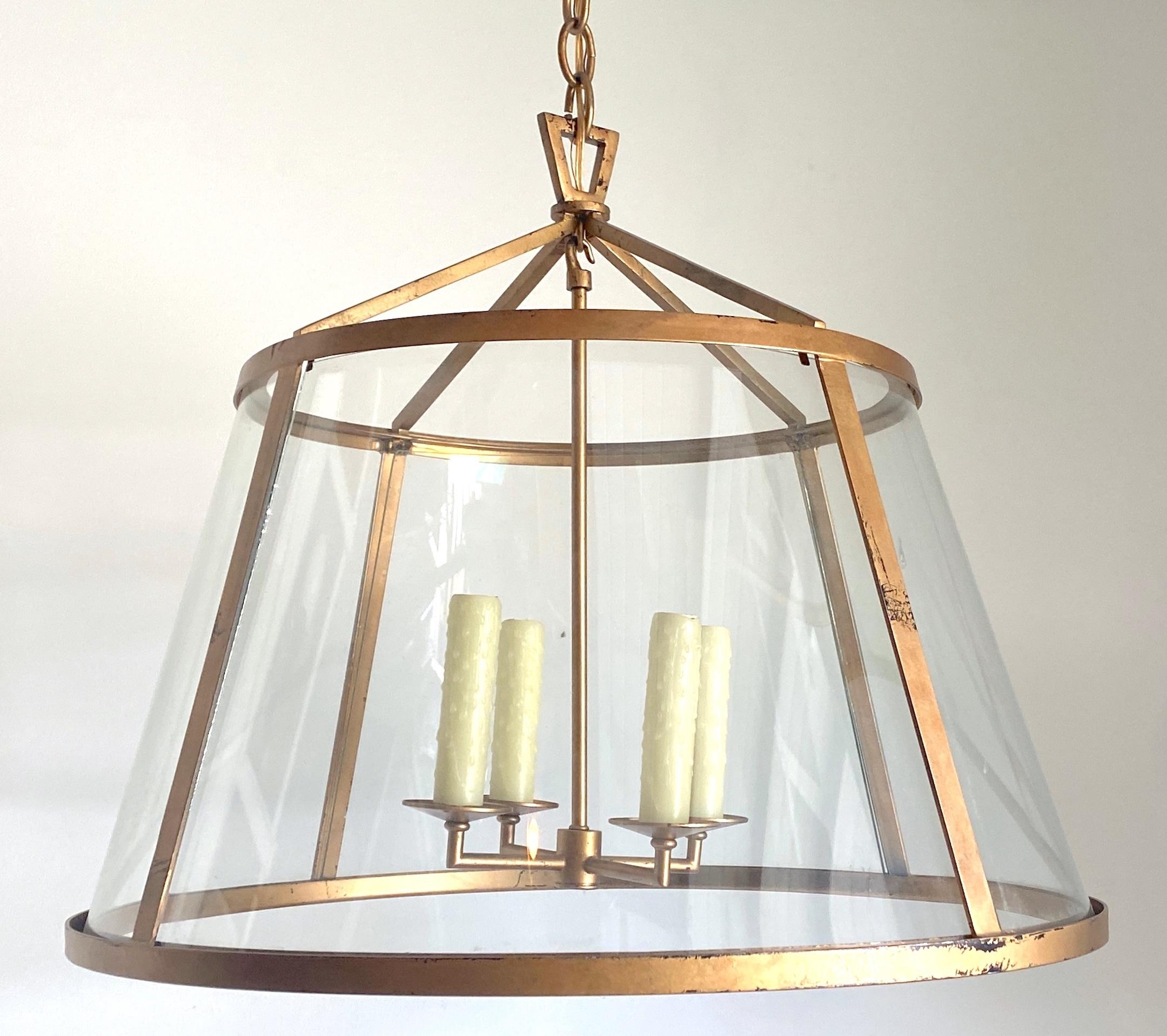 French Modern Style Gilt Metal & Curved Glass Paneled Pendant Style of Adnet For Sale 4