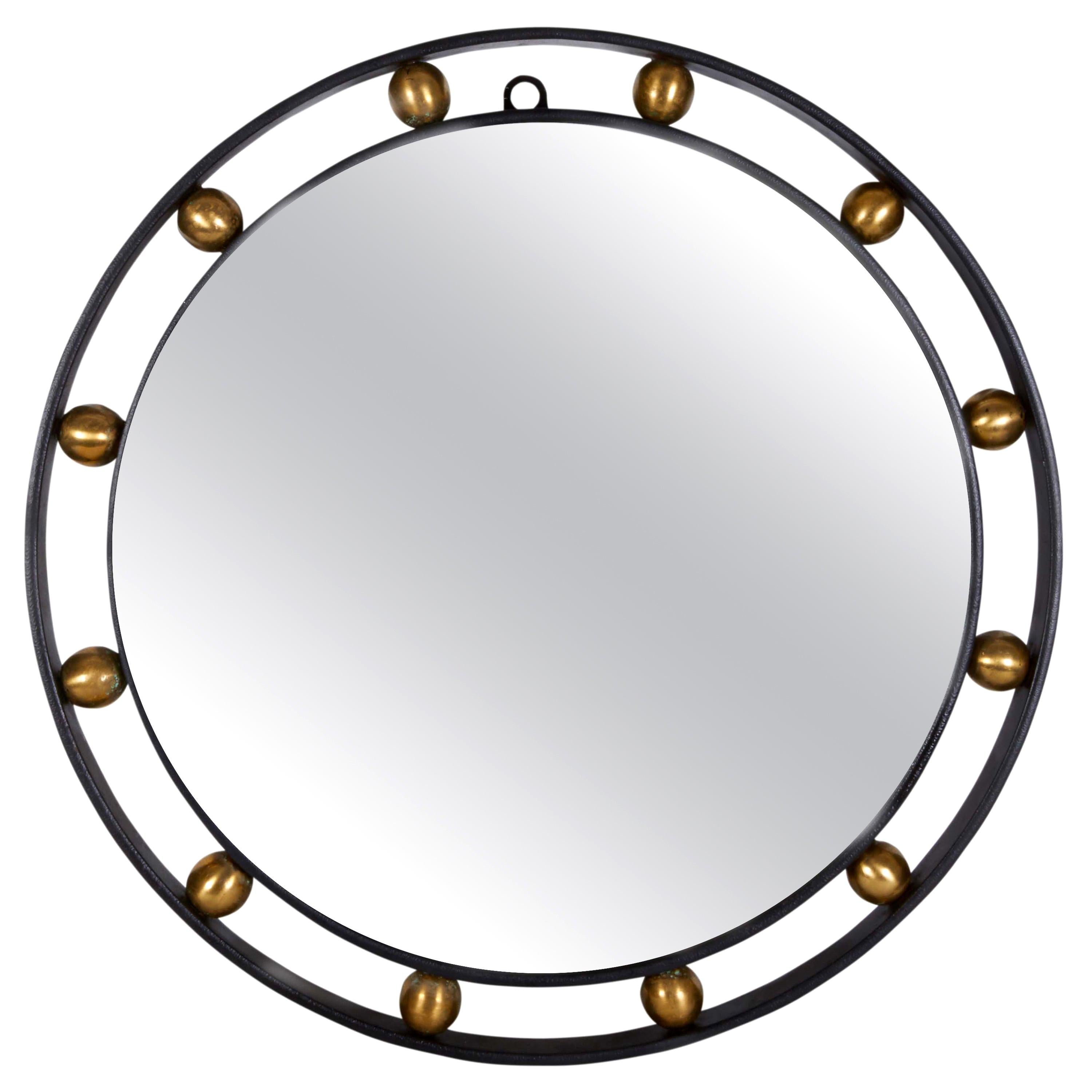 French Modern Style Round Wrought Iron Mirror with Brass Ball Detail