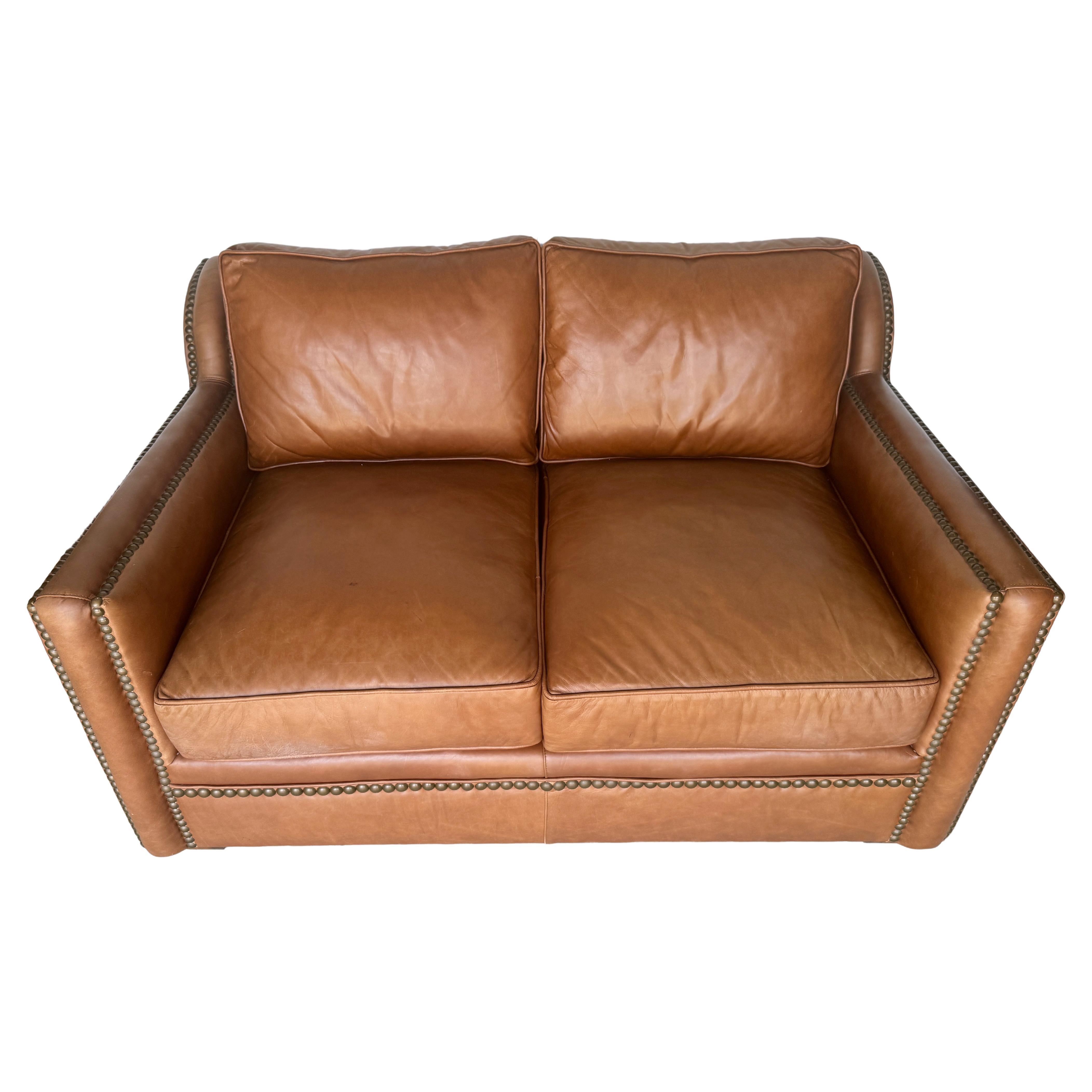 French Modern Style Saddle Leather 
Brass Sofa