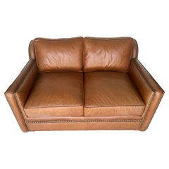 Used French Modern Style Saddle Leather & Brass Loveseat 
