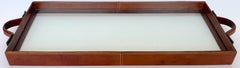 French Modern Style Stitched Leather & Glass Rectangular Handled Tray