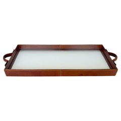 French Modern Style Stitched Leather & Glass Rectangular Handled Tray
