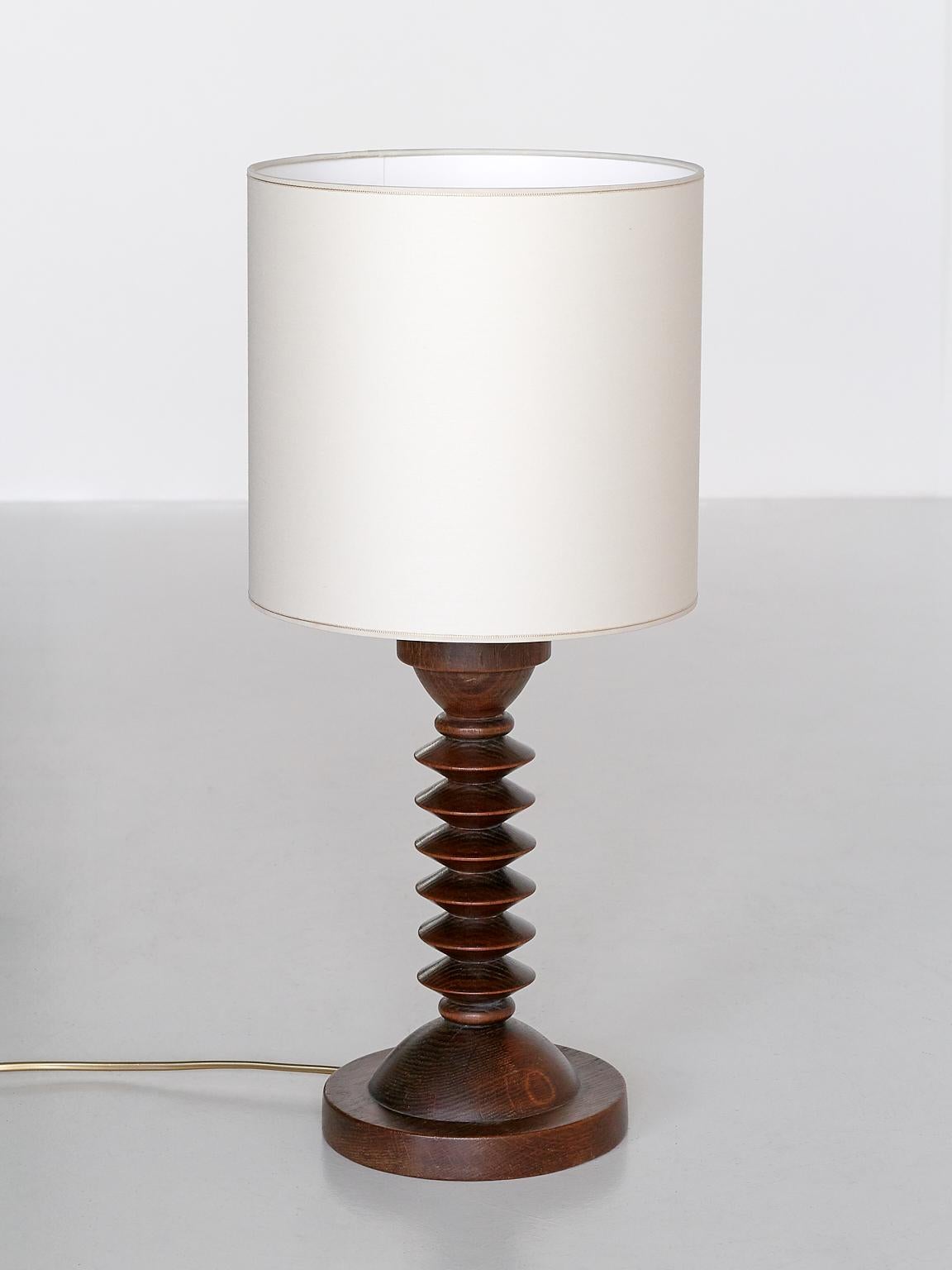 Stained French Modern Table Lamp in Oak with Ivory Shade, 1950s