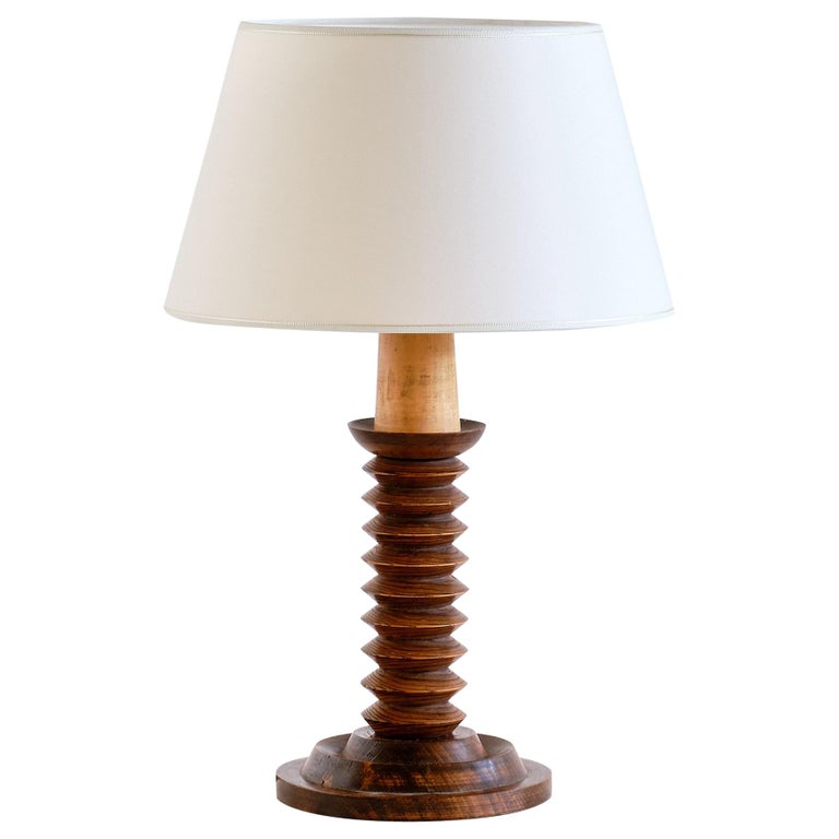 French Modern Table Lamp in Oak with Ivory Shade, 1950s For Sale