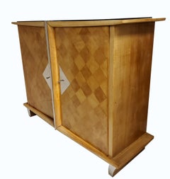 French Modern Tall Blonde Parquetry Cabinet, Mini Armoire W/ Nickel Trim
