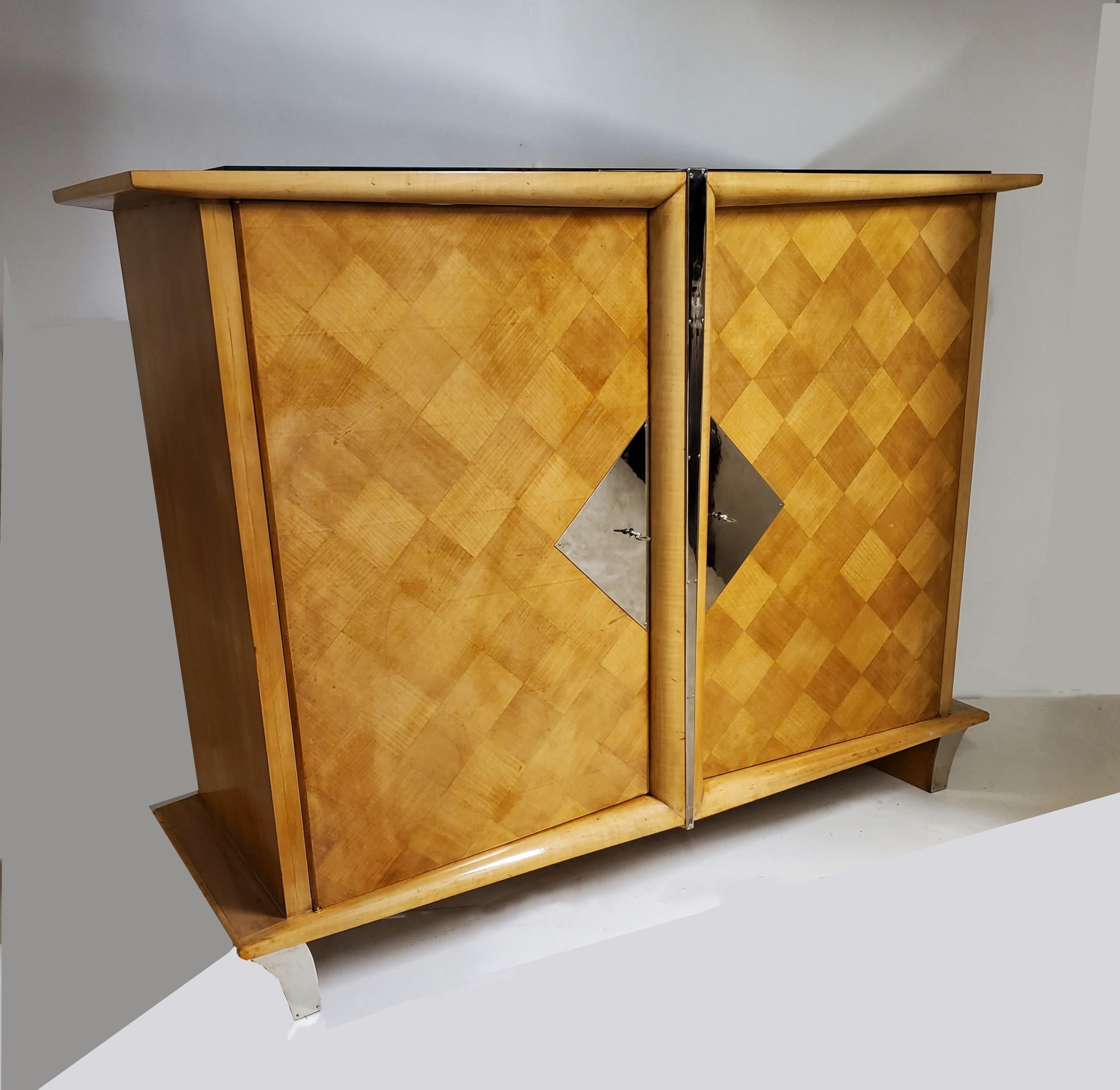 20th Century French Modern Tall Blonde Parquetry Cabinet, Mini Armoire W/ Nickel Trim For Sale