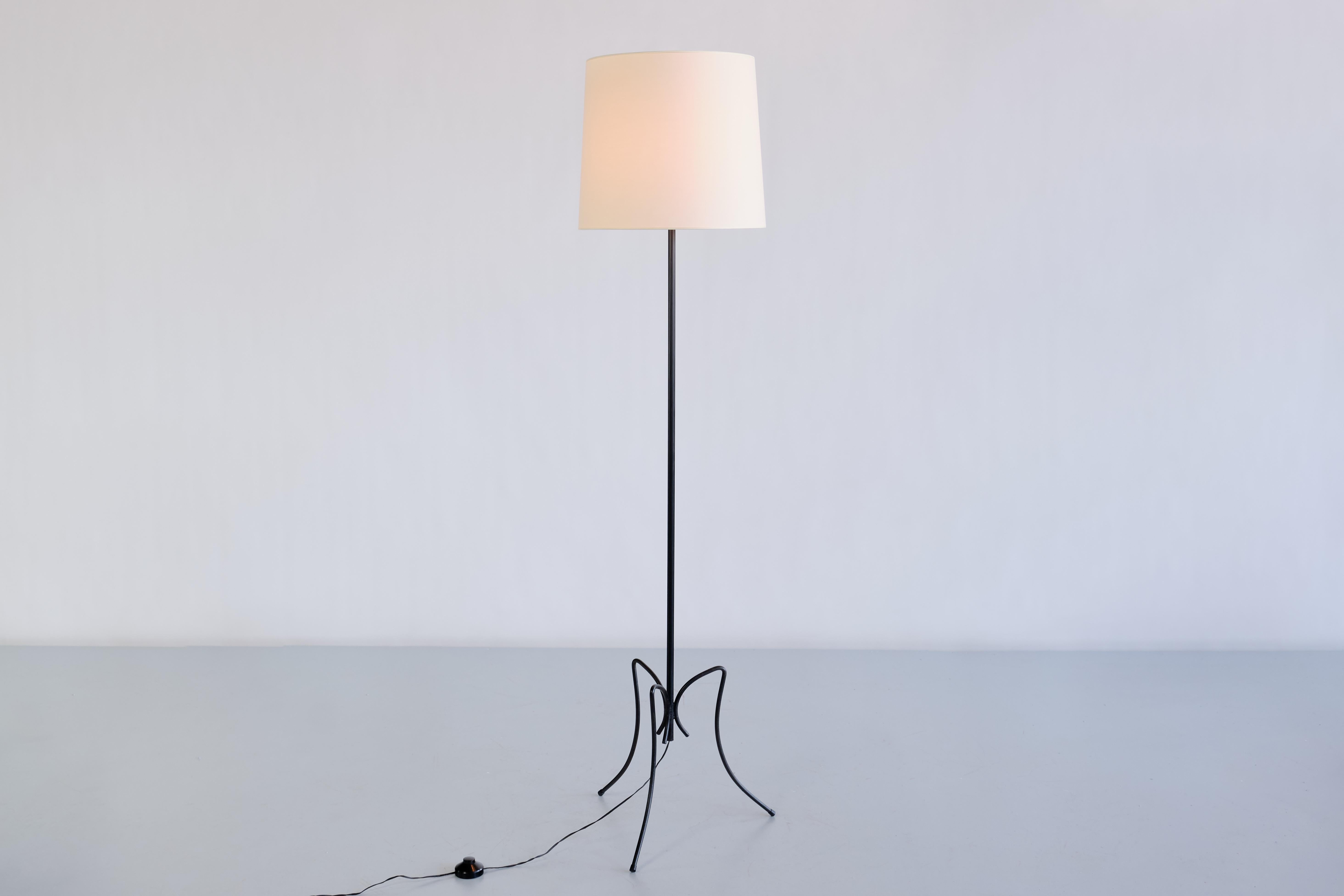 Mid-Century Modern French Modern Three Legged Floor Lamp, Black Iron and Ivory Shade, 1950s For Sale