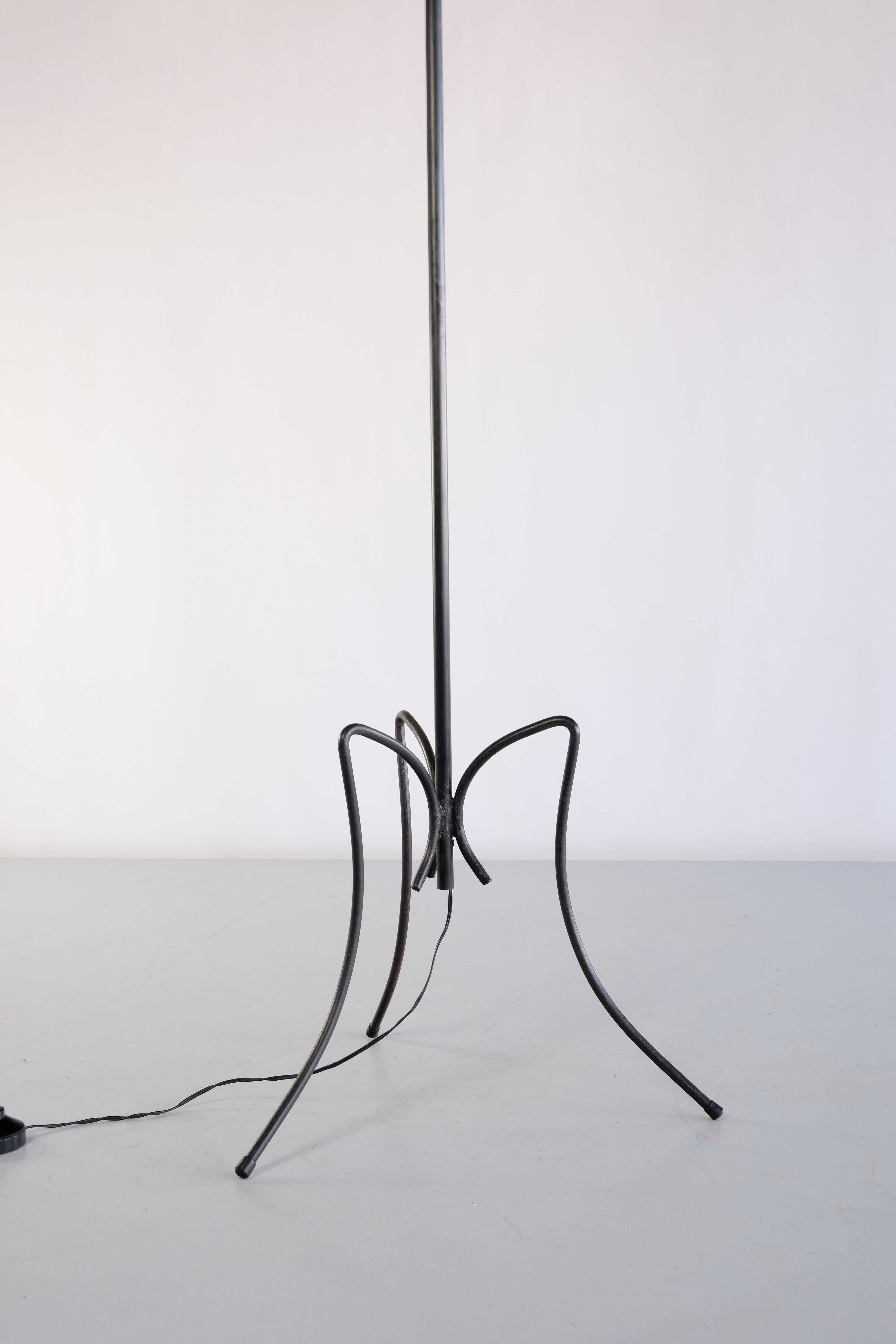 Mid-20th Century French Modern Three Legged Floor Lamp, Black Iron and Ivory Shade, 1950s For Sale