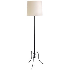 French Modern Three Legged Floor Lamp, Black Iron and Ivory Shade, 1950s