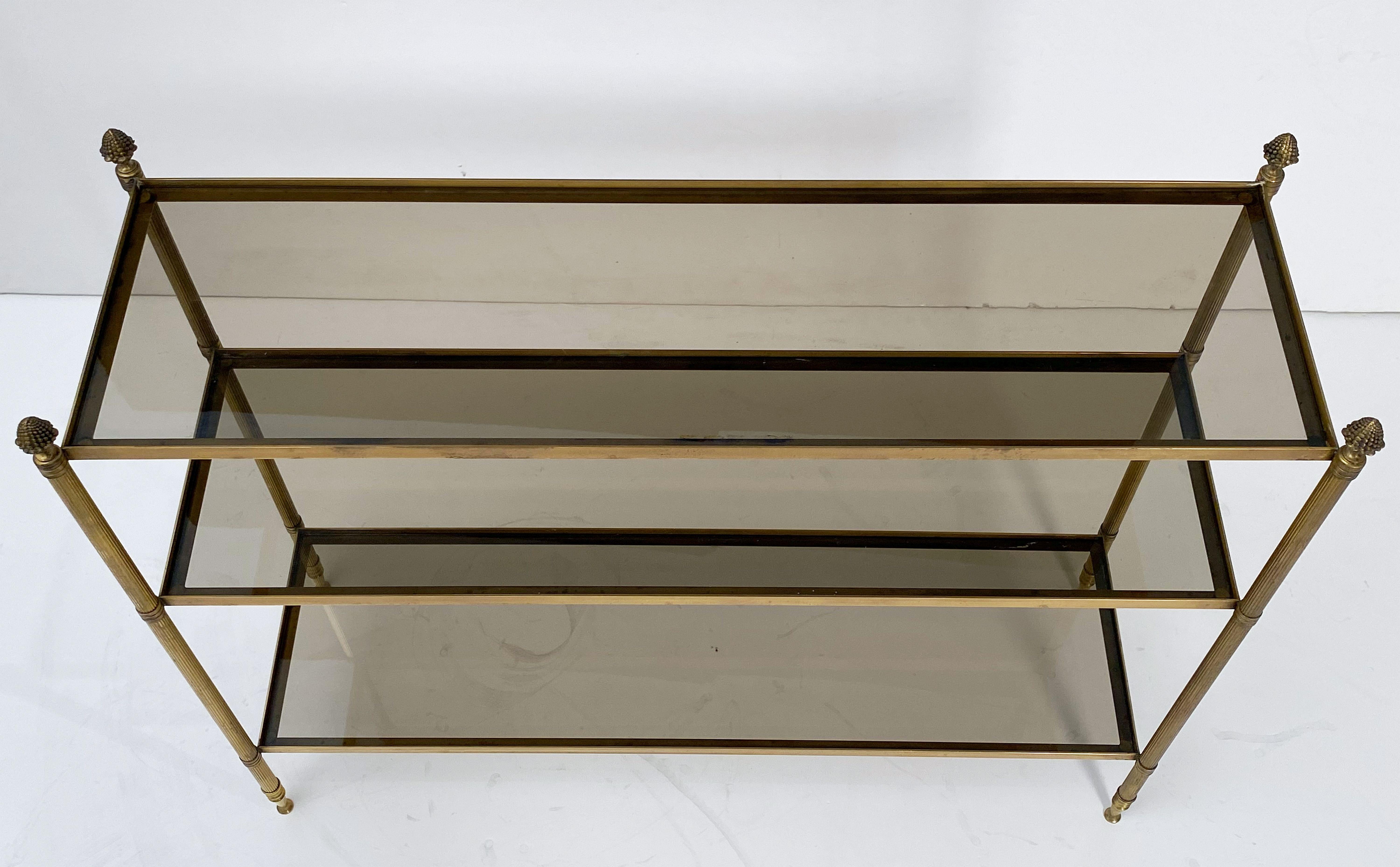 French Modern Three-Tier Étagère or Shelves of Brass and Smoked Glass 11