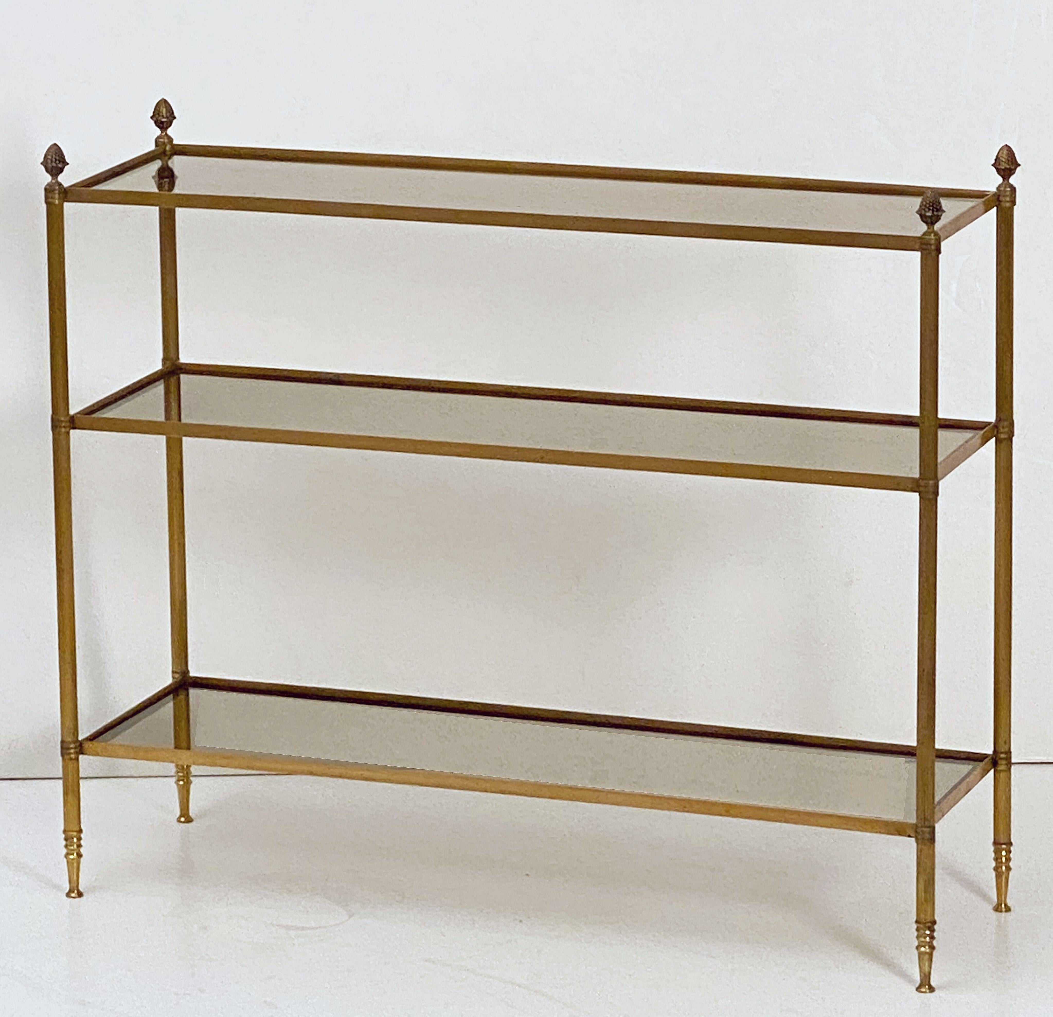 20th Century French Modern Three-Tier Étagère or Shelves of Brass and Smoked Glass