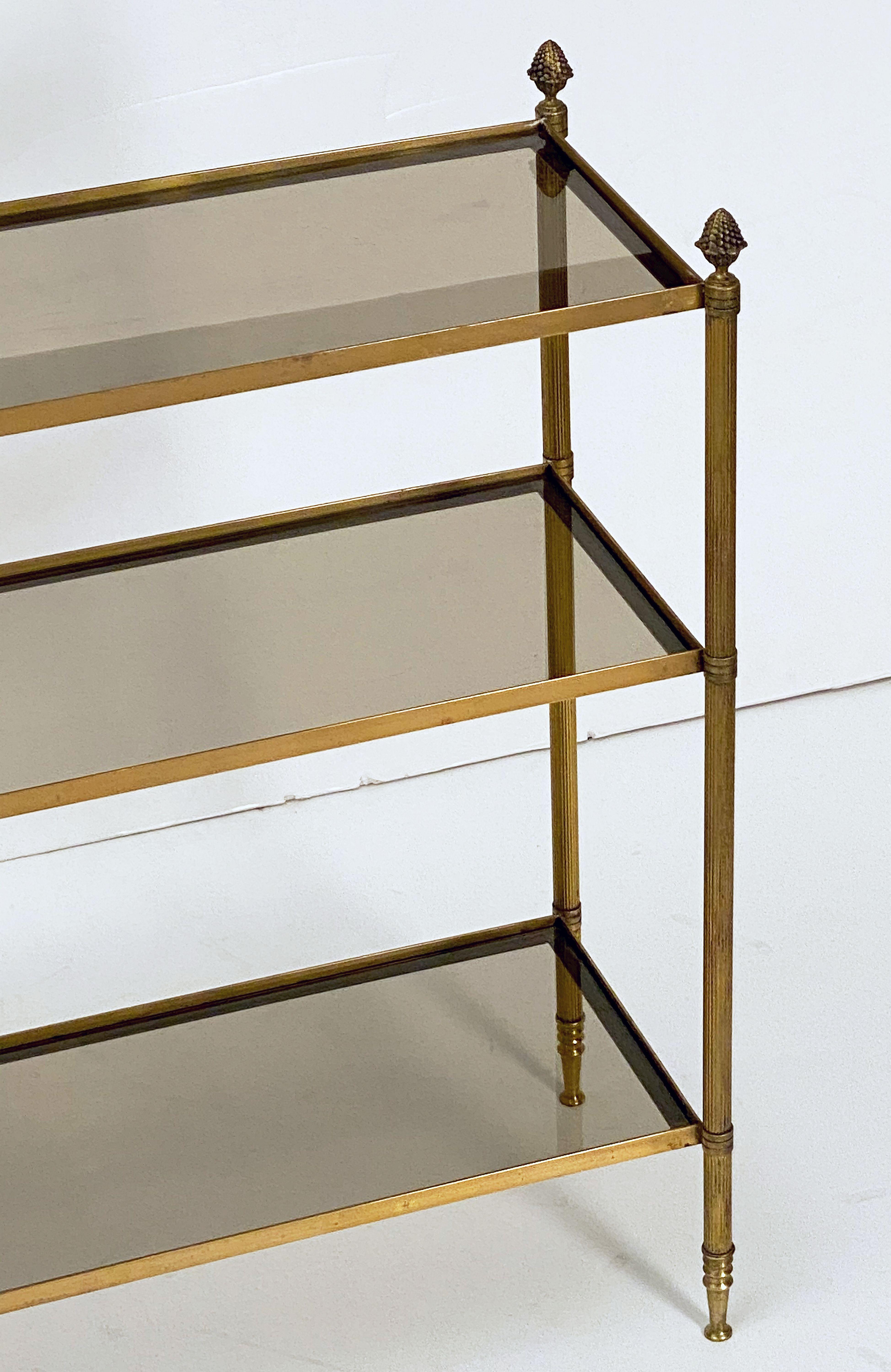 Metal French Modern Three-Tier Étagère or Shelves of Brass and Smoked Glass