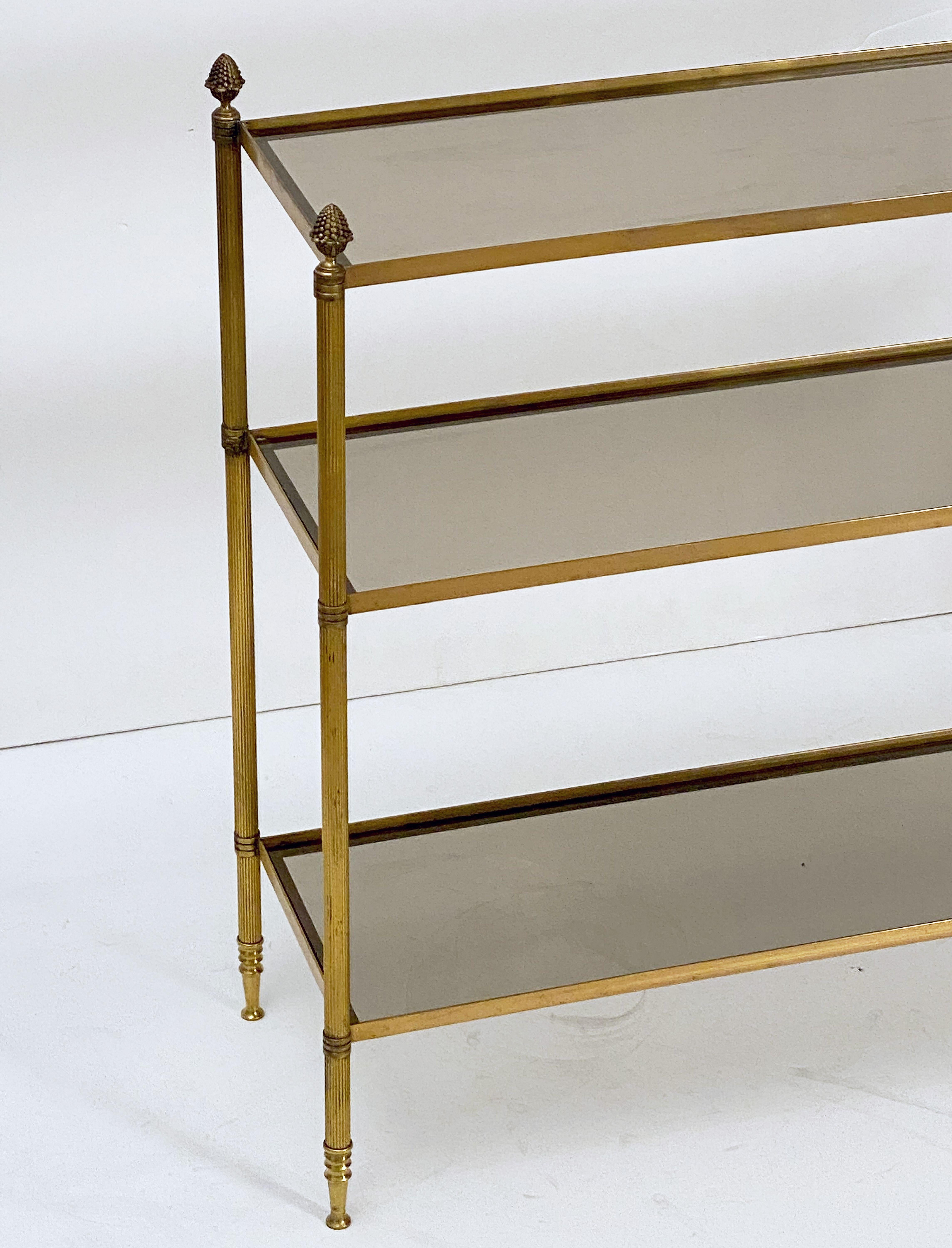 French Modern Three-Tier Étagère or Shelves of Brass and Smoked Glass 1