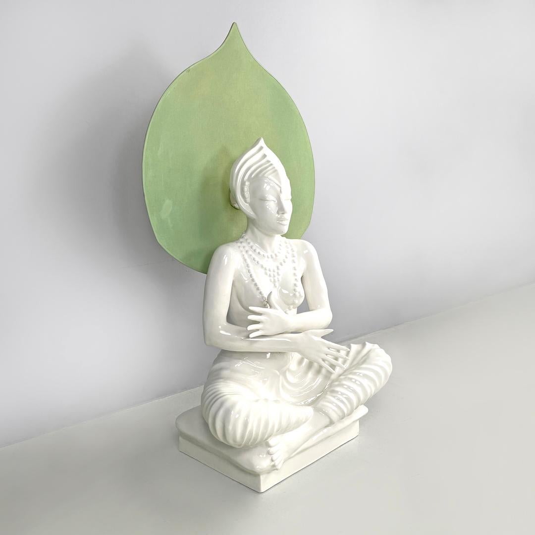 Modern French modern white ceramic floor lamp with green leaf by Roche Bobois, 1980s For Sale