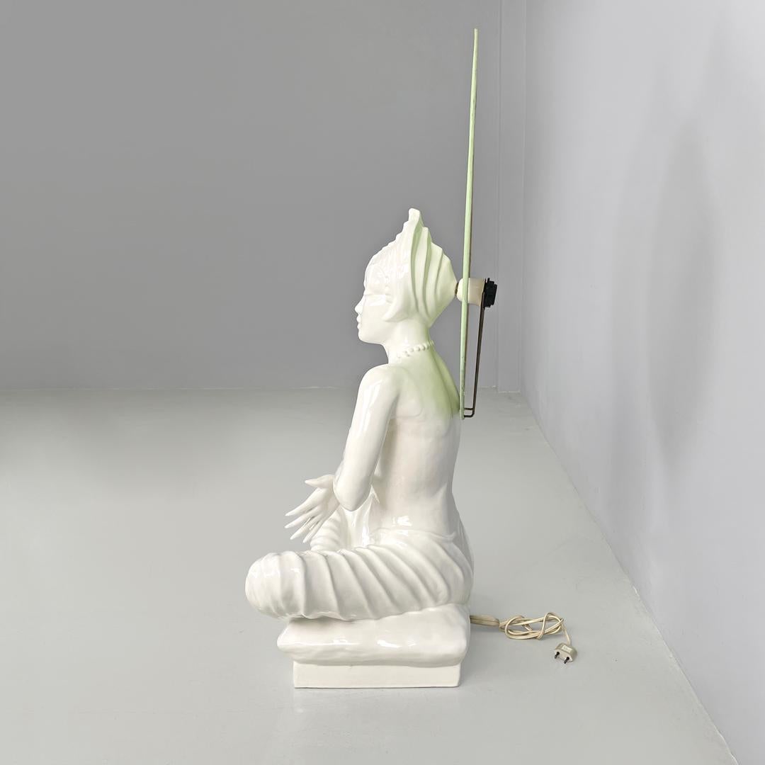 Late 20th Century French modern white ceramic floor lamp with green leaf by Roche Bobois, 1980s For Sale