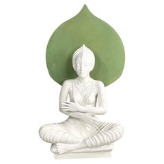 French modern white ceramic floor lamp with green leaf by Roche Bobois, 1980s