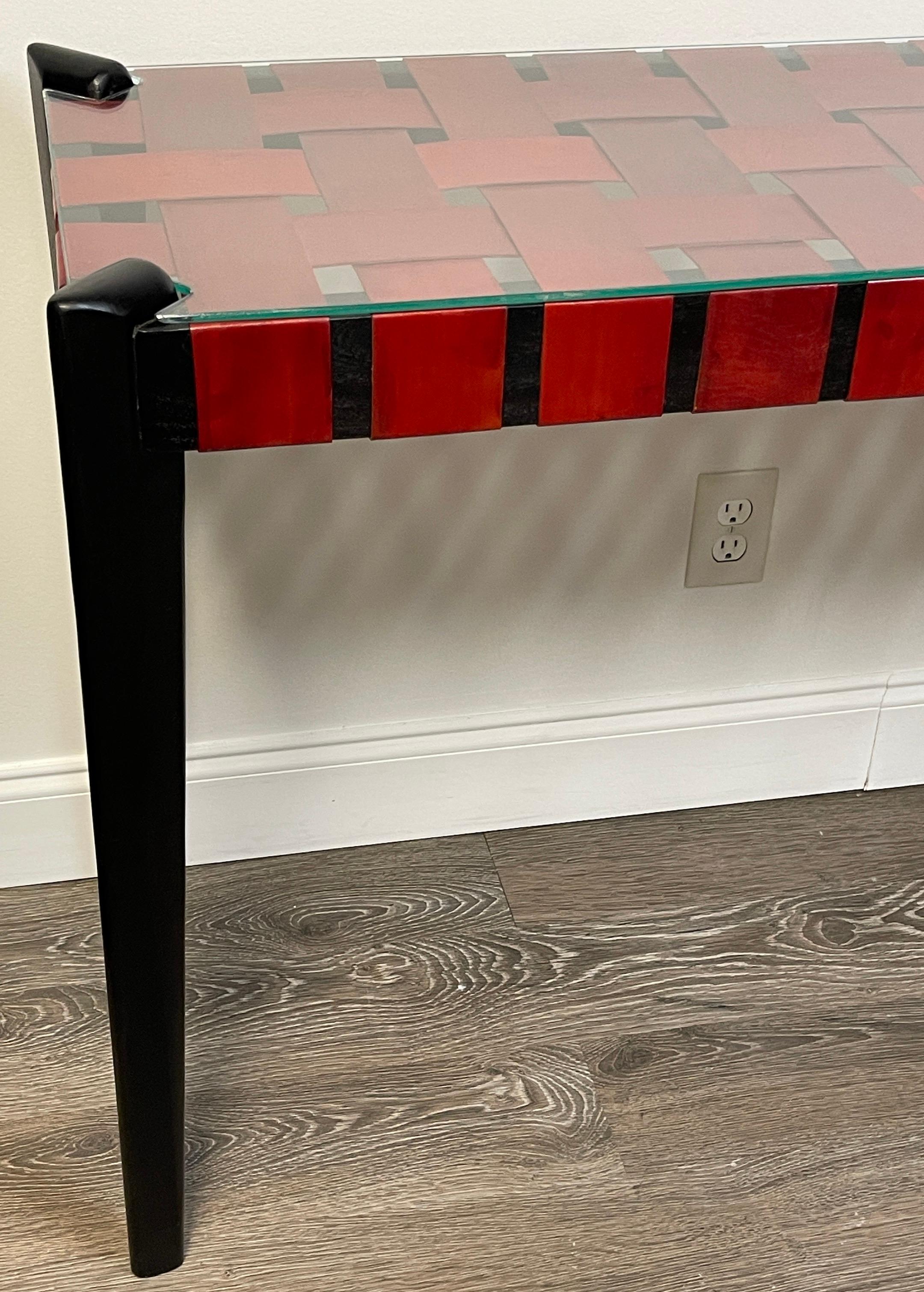 French Modern Woven Red Leather Strap Console Table 6