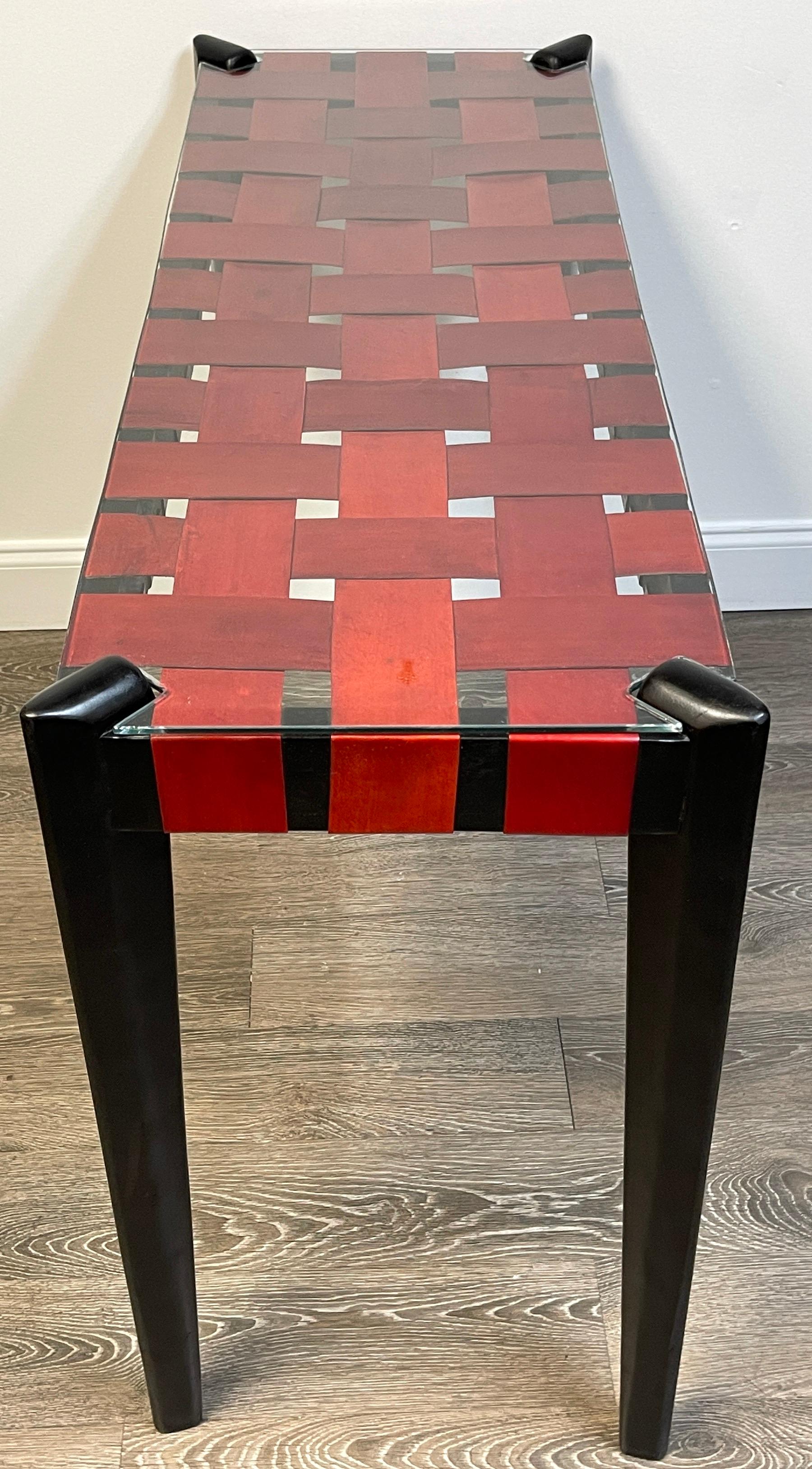 French Modern Woven Red Leather Strap Console Table 7