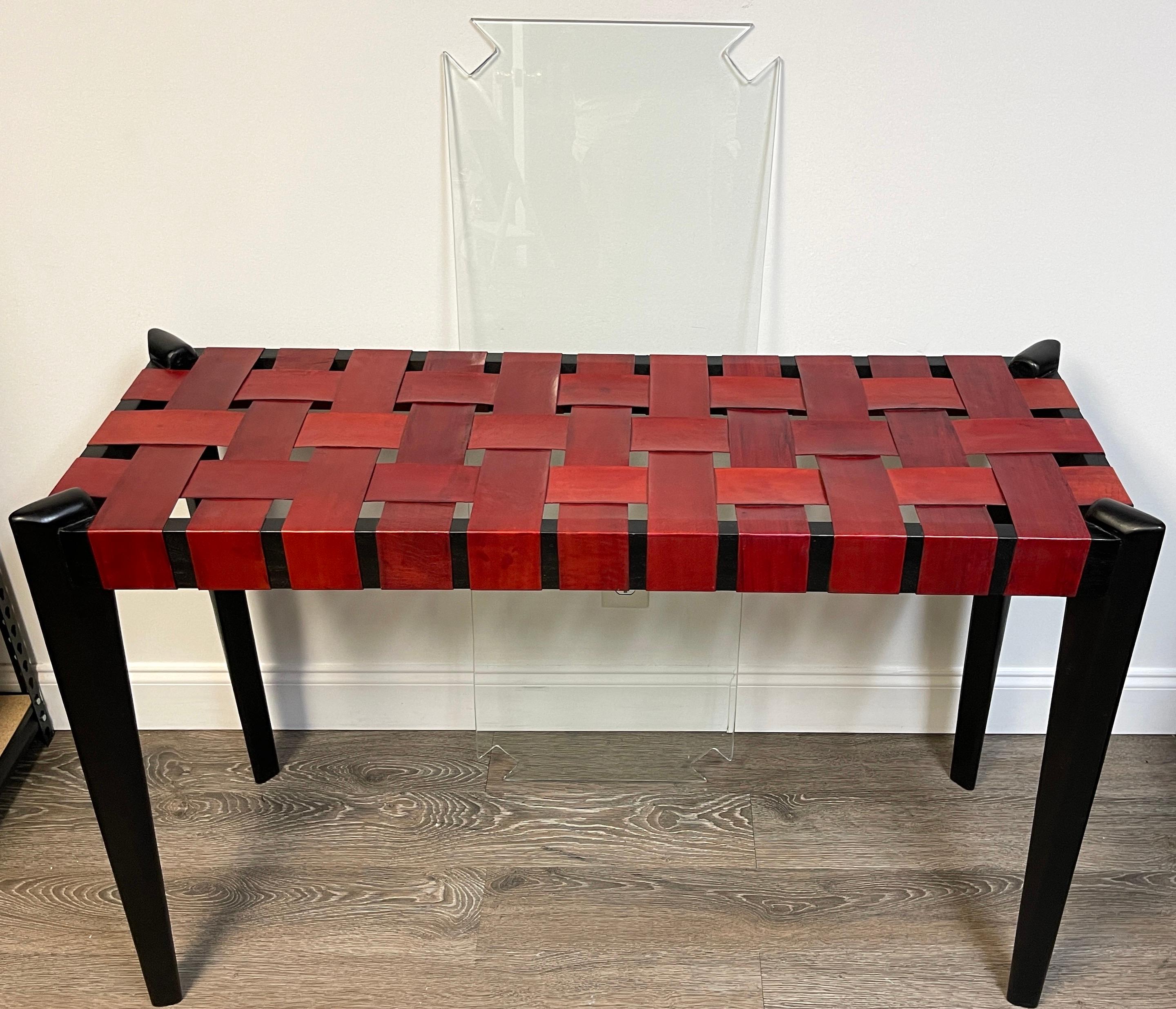 French Modern Woven Red Leather Strap Console Table 13
