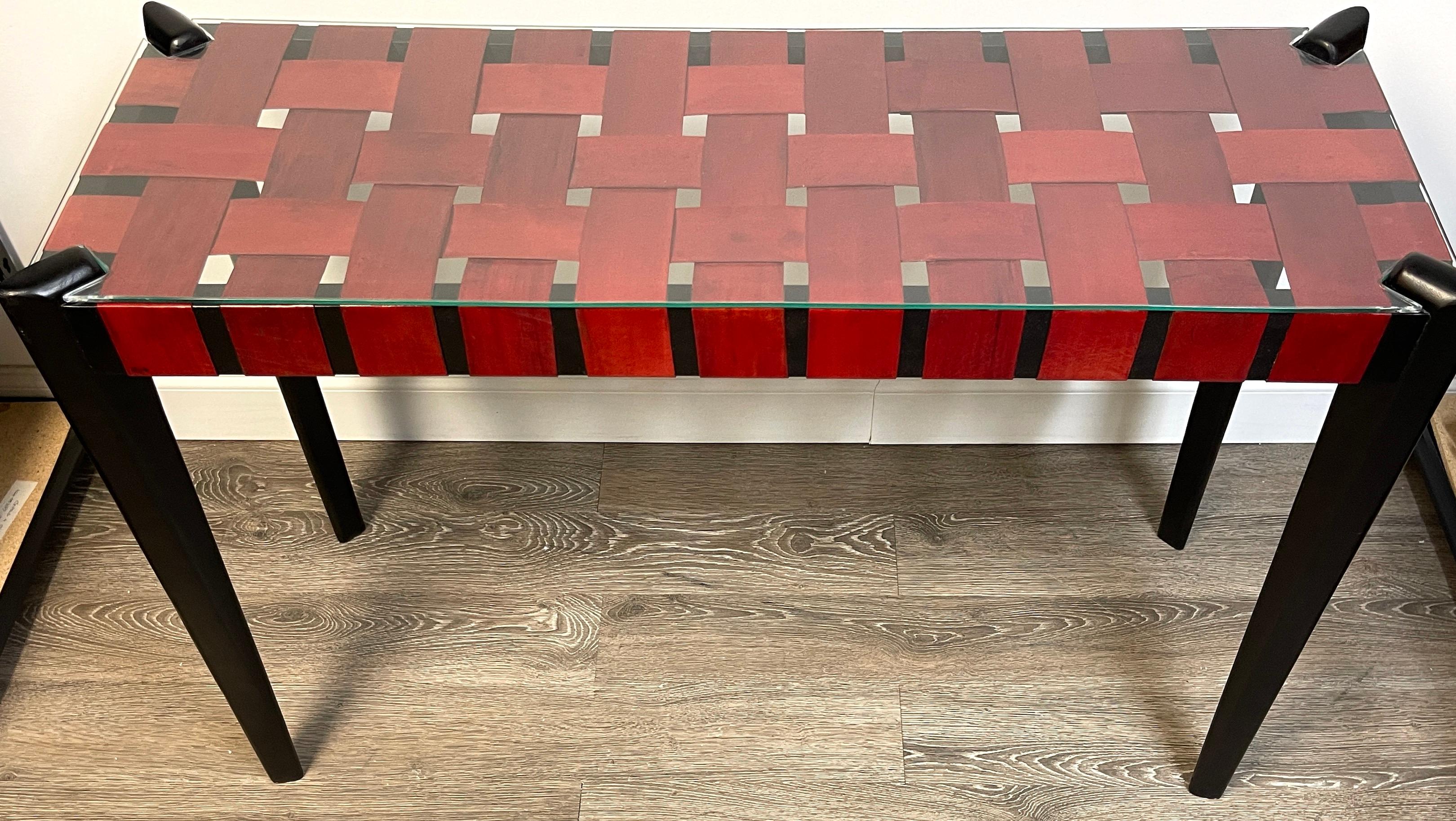 French Modern Woven Red Leather Strap Console Table 2