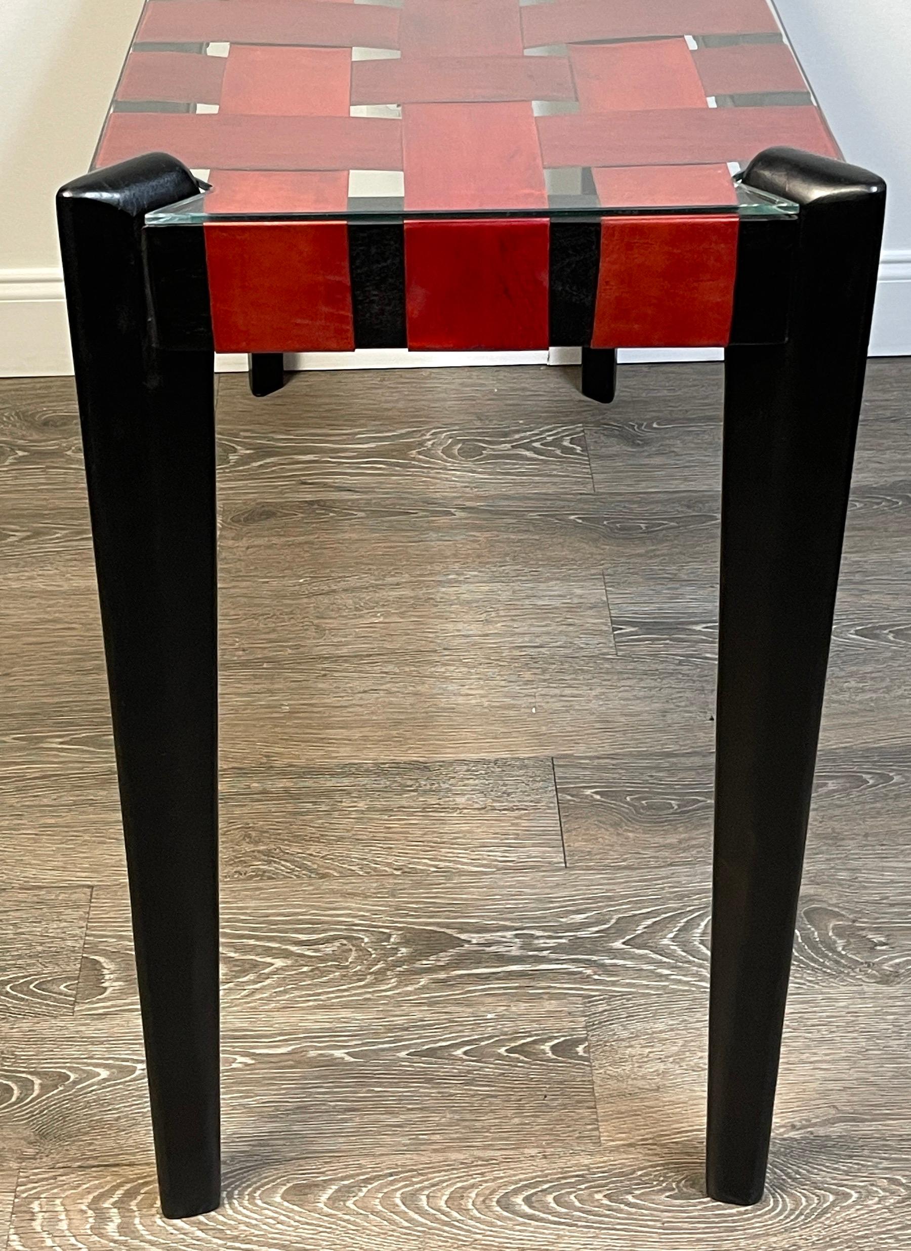 French Modern Woven Red Leather Strap Console Table 4